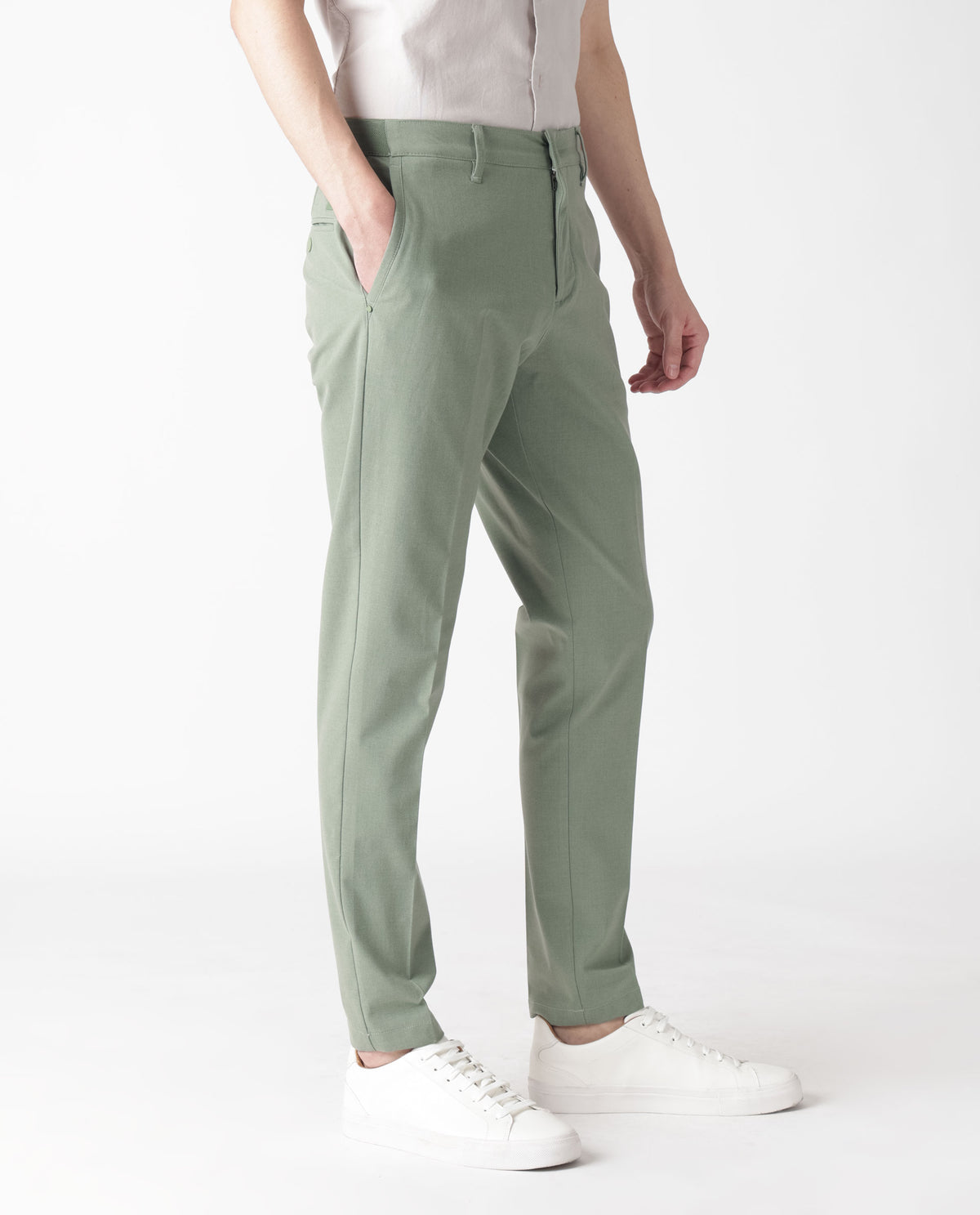 Rare Rabbit Men's Drivers Dusky Green Mid-Rise Bi-Stretch With Elastic Waistband Regular Fit Trouser