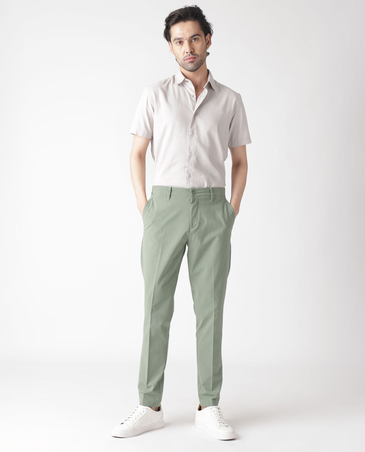 Rare Rabbit Men's Drivers Dusky Green Mid-Rise Bi-Stretch With Elastic Waistband Regular Fit Trouser