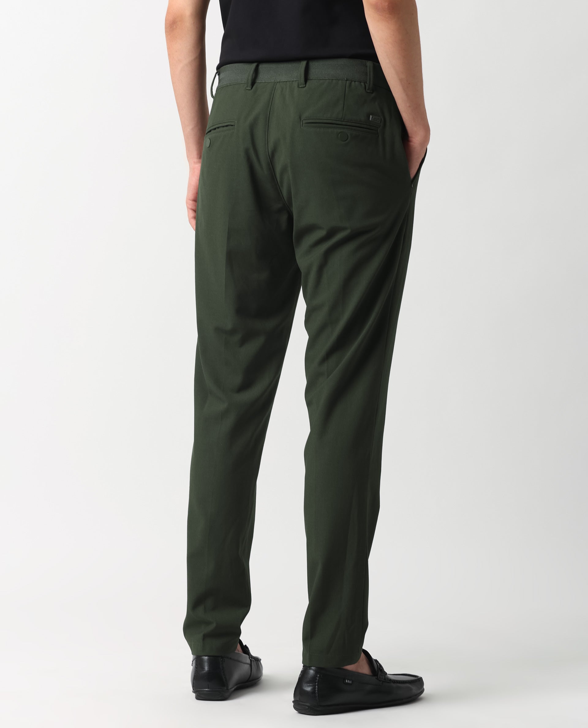 Rare Rabbit Men's Drivers Olive Mid-Rise Bi-Stretch With Elastic Waistband Regular Fit Trouser