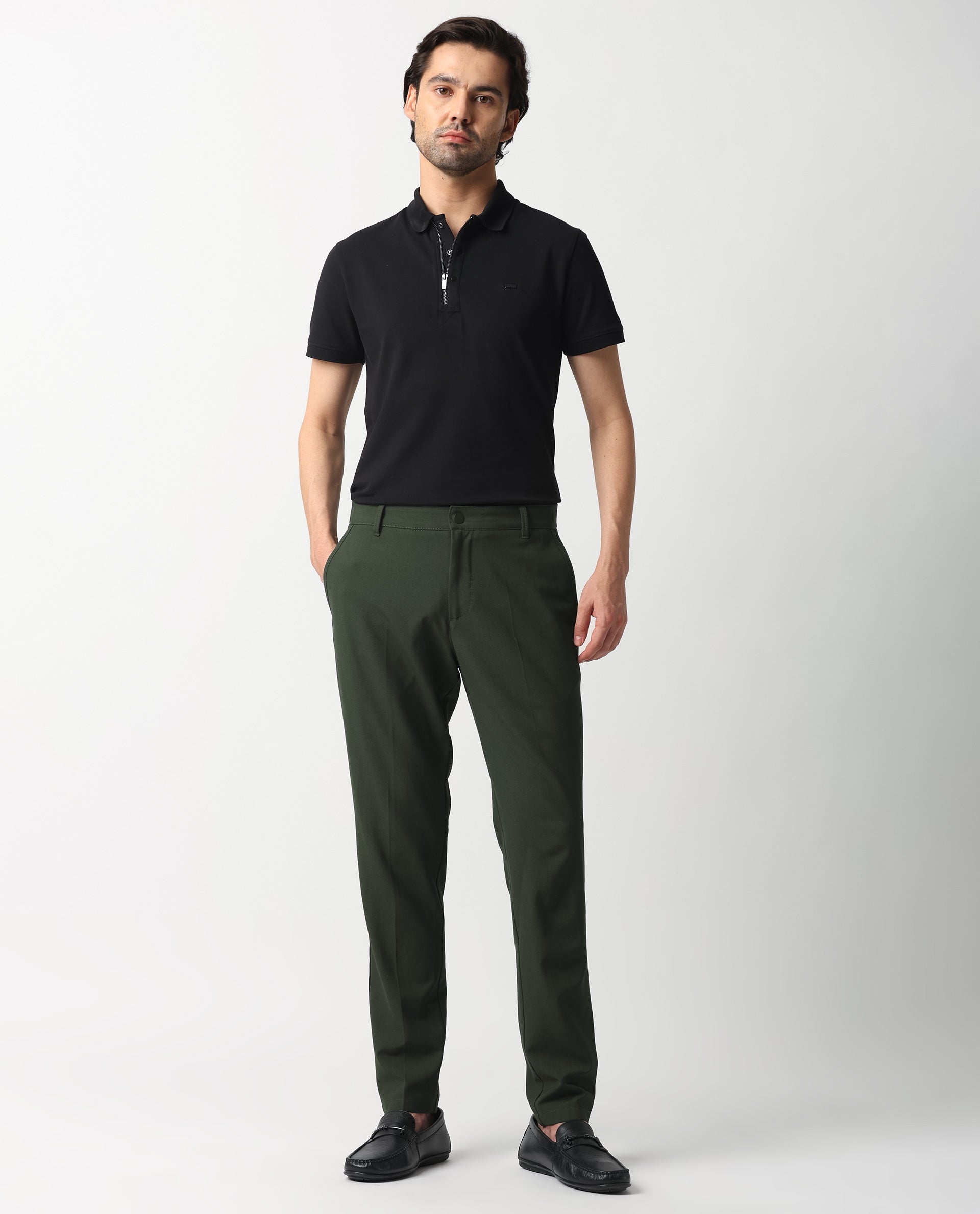 Rare Rabbit Men's Drivers Olive Mid-Rise Bi-Stretch With Elastic Waistband Regular Fit Trouser