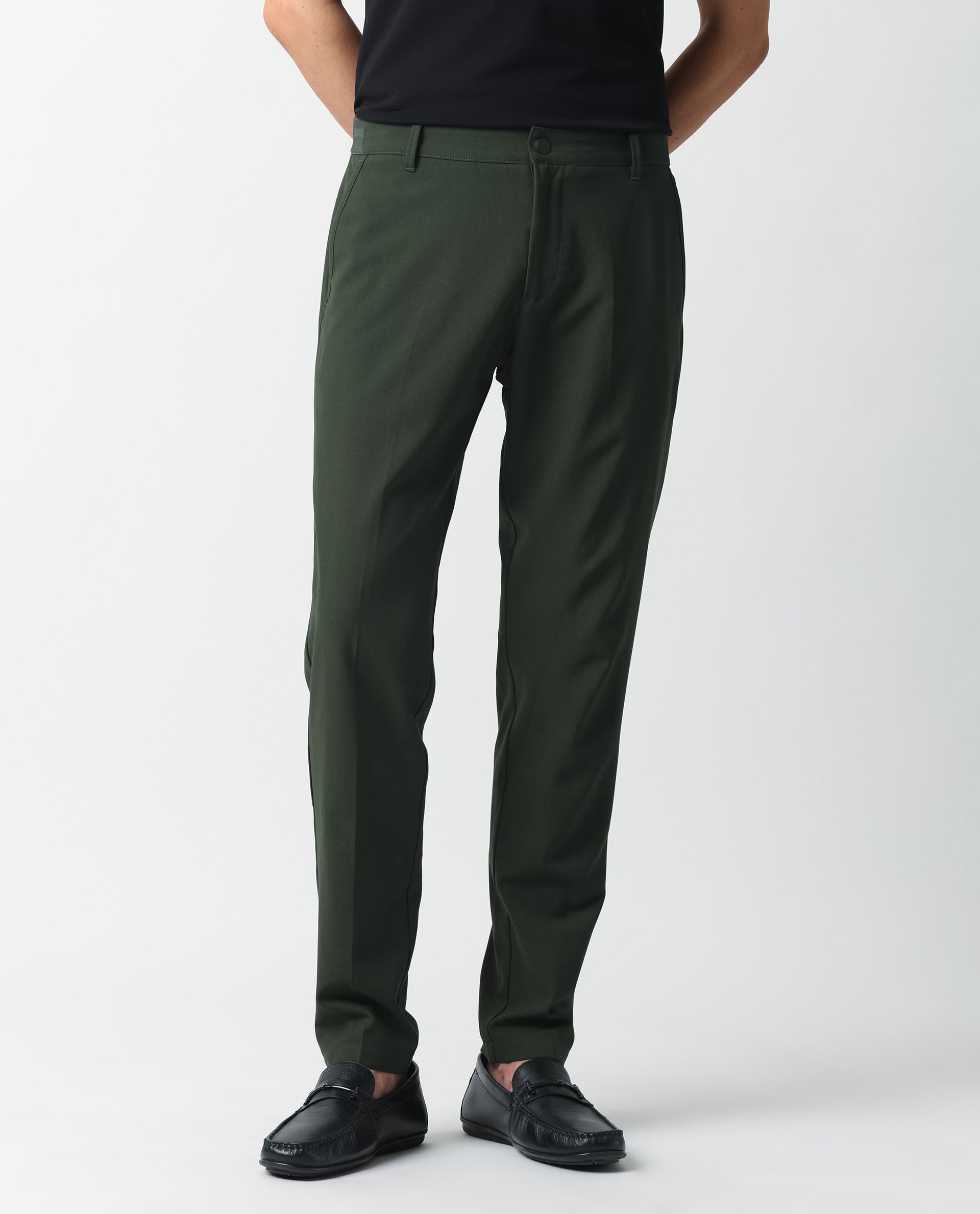 Rare Rabbit Men's Drivers Olive Mid-Rise Bi-Stretch With Elastic Waistband Regular Fit Trouser