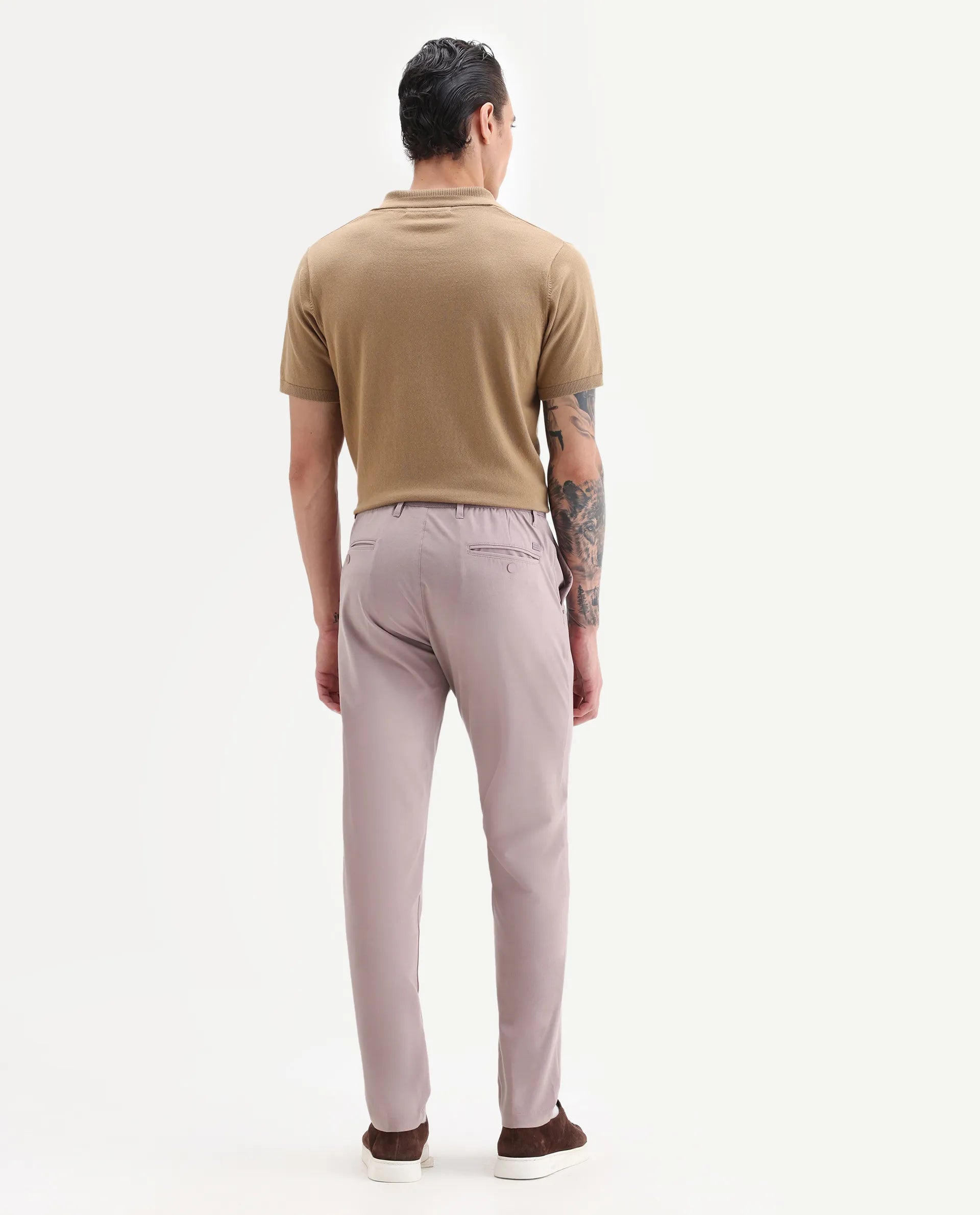 Rare Rabbit Men's Drivers Dusky Pink Polyester Blend Plain Regular Fit Trouser