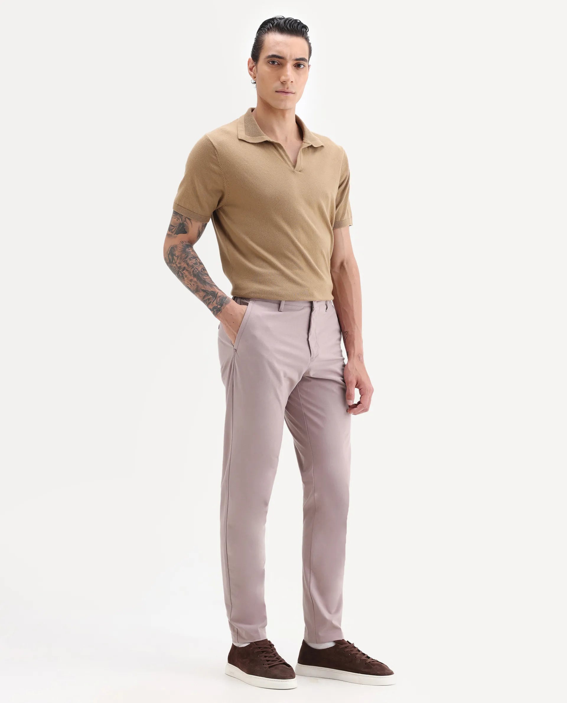 Rare Rabbit Men's Drivers Dusky Pink Polyester Blend Plain Regular Fit Trouser