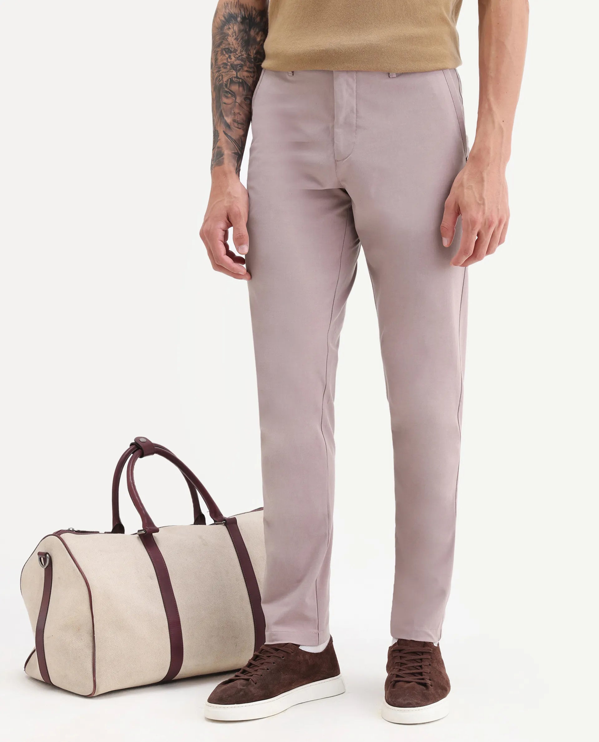 Rare Rabbit Men's Drivers Dusky Pink Polyester Blend Plain Regular Fit Trouser