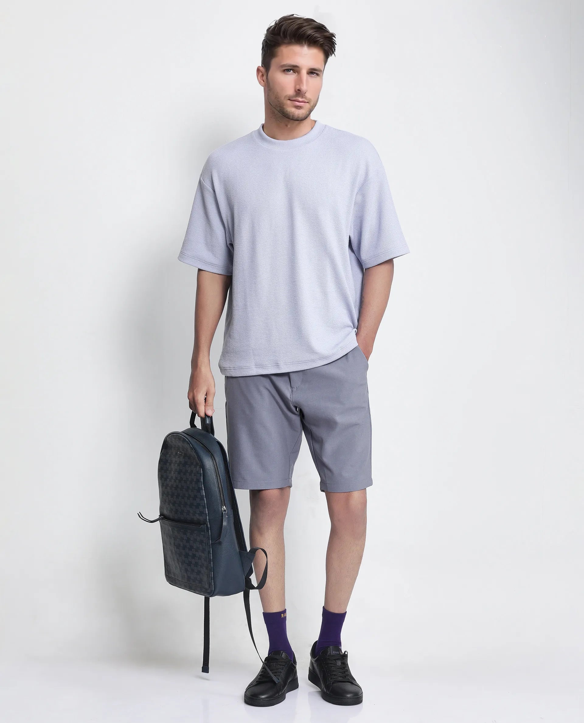 Rare Rabbit Men Drivo Dusky Purple Cotton Elastane Fabric Bi-Stretch Jacquard Waistband Regular Fit Solid Shorts