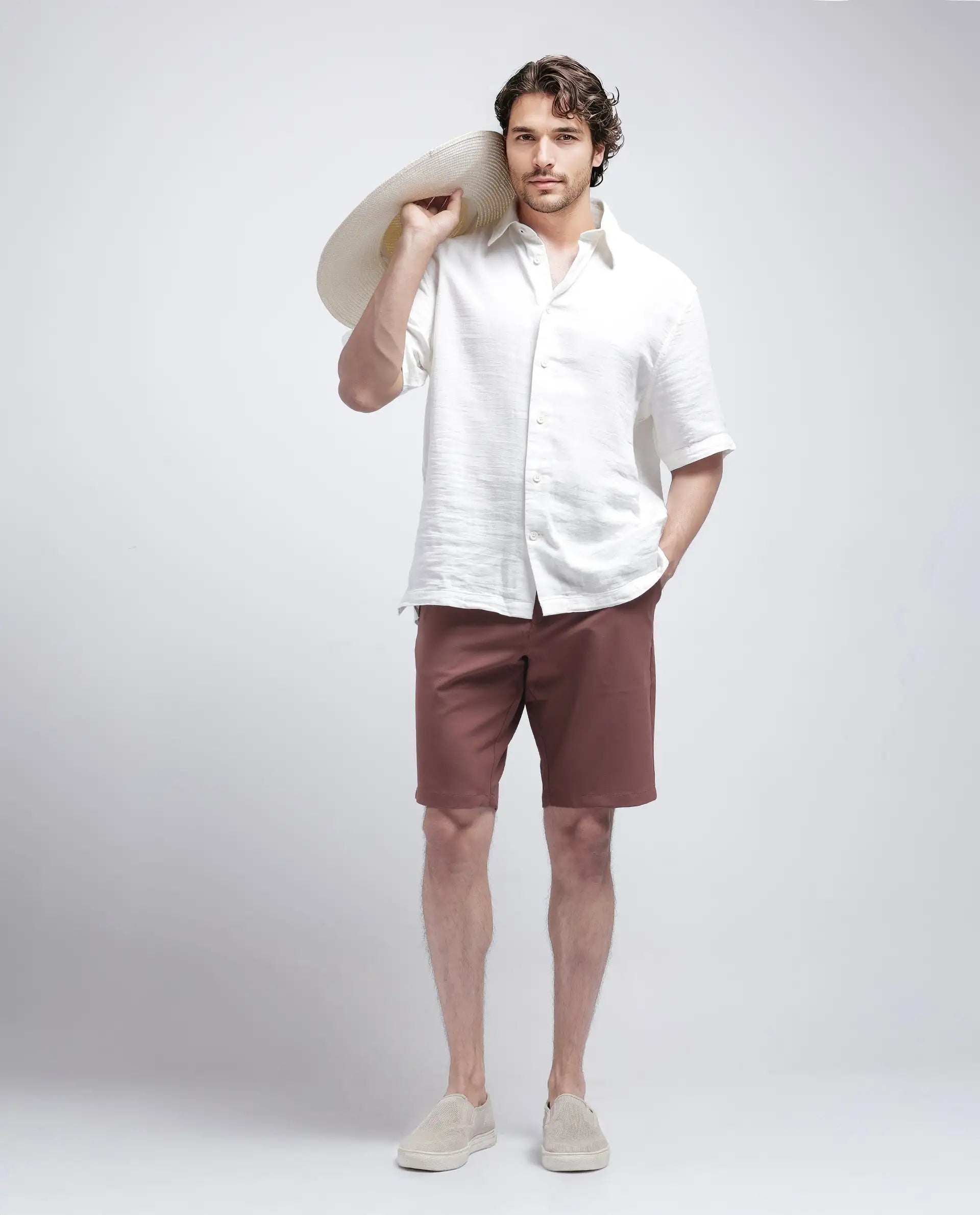 Rare Rabbit Men Drivo Dusky Rust Cotton Elastane Fabric Bi-Stretch Jacquard Waistband Regular Fit Solid Shorts