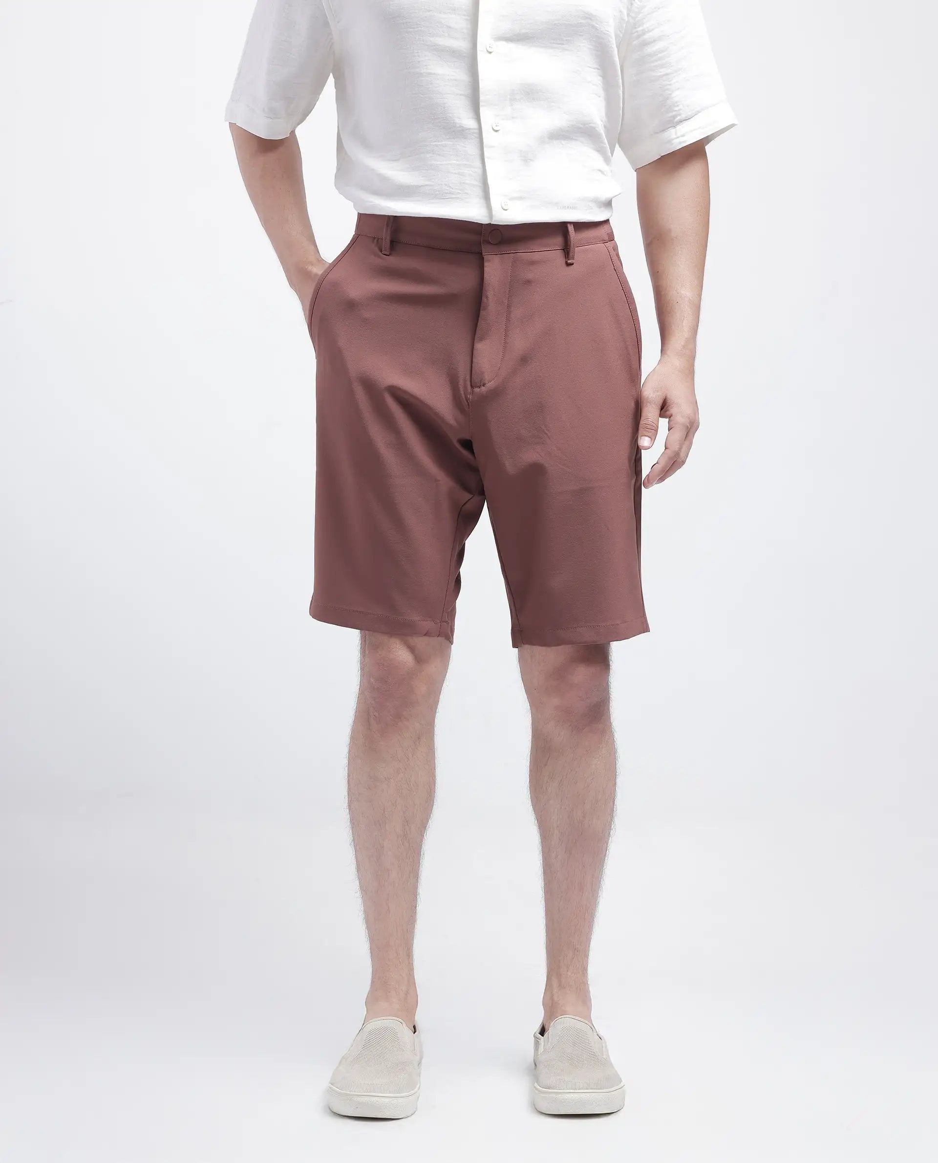Rare Rabbit Men Drivo Dusky Rust Cotton Elastane Fabric Bi-Stretch Jacquard Waistband Regular Fit Solid Shorts