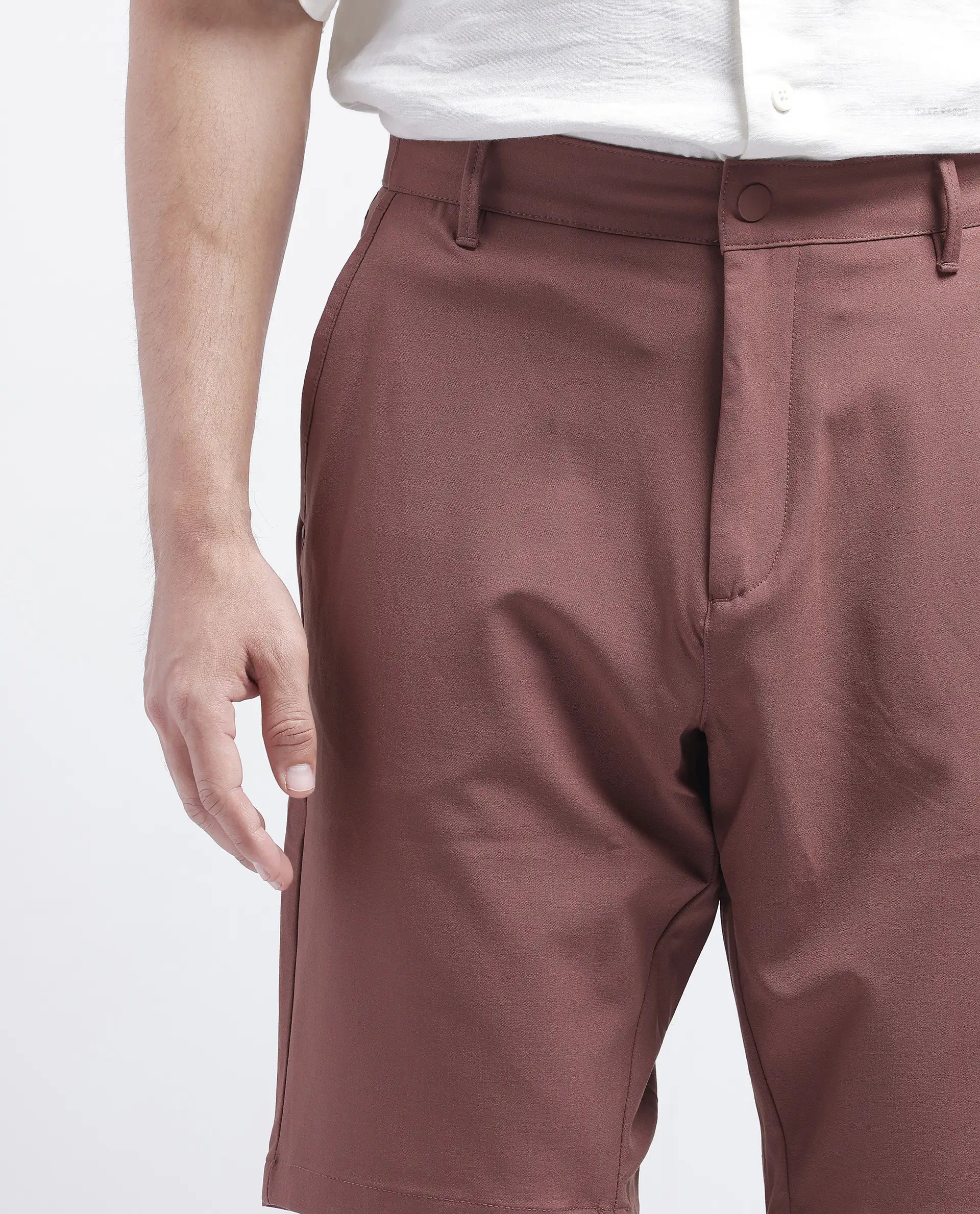 Rare Rabbit Men Drivo Dusky Rust Cotton Elastane Fabric Bi-Stretch Jacquard Waistband Regular Fit Solid Shorts