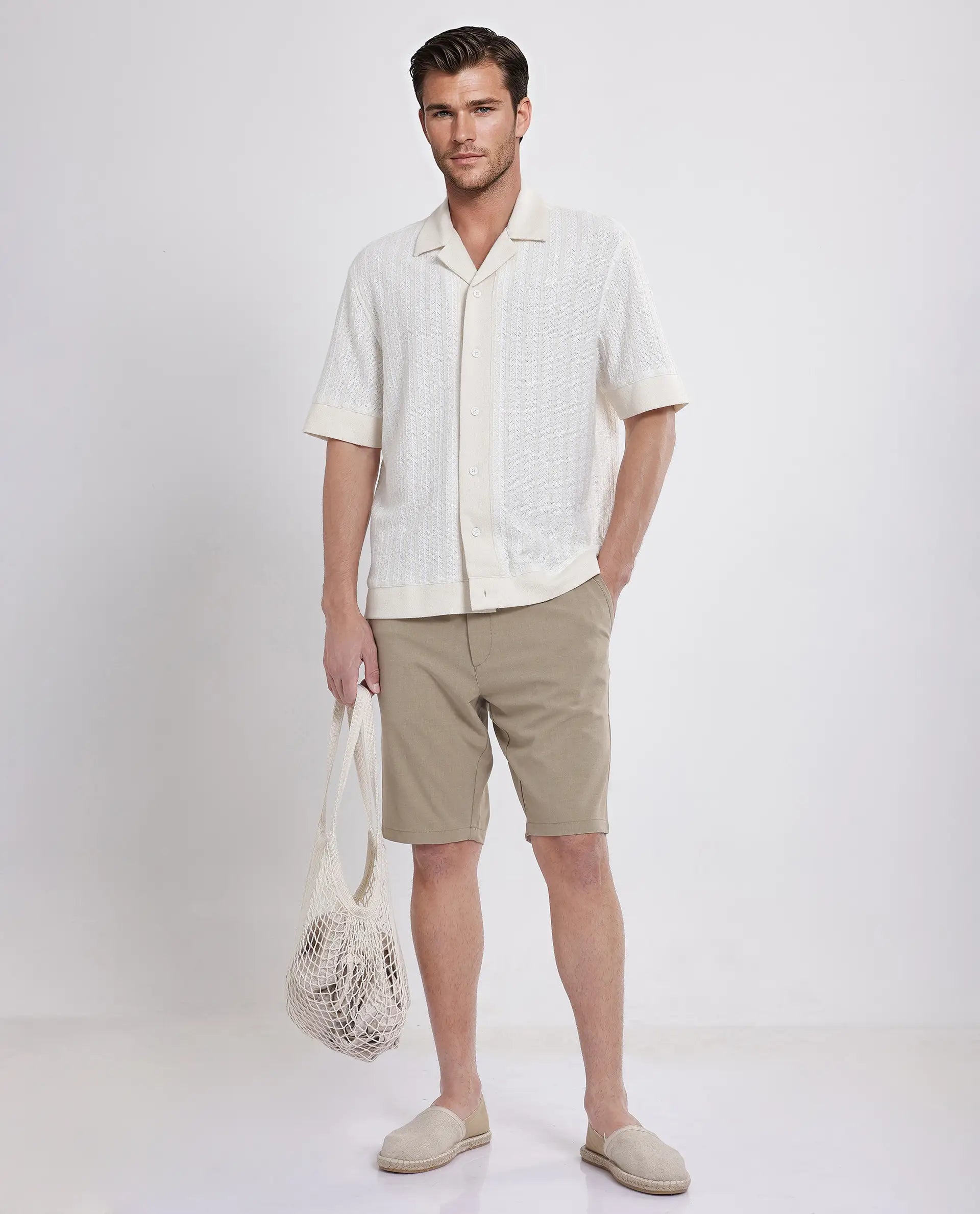 Rare Rabbit Men Drivo Khaki Cotton Elastane Fabric Bi-Stretch Jacquard Waistband Regular Fit Solid Shorts