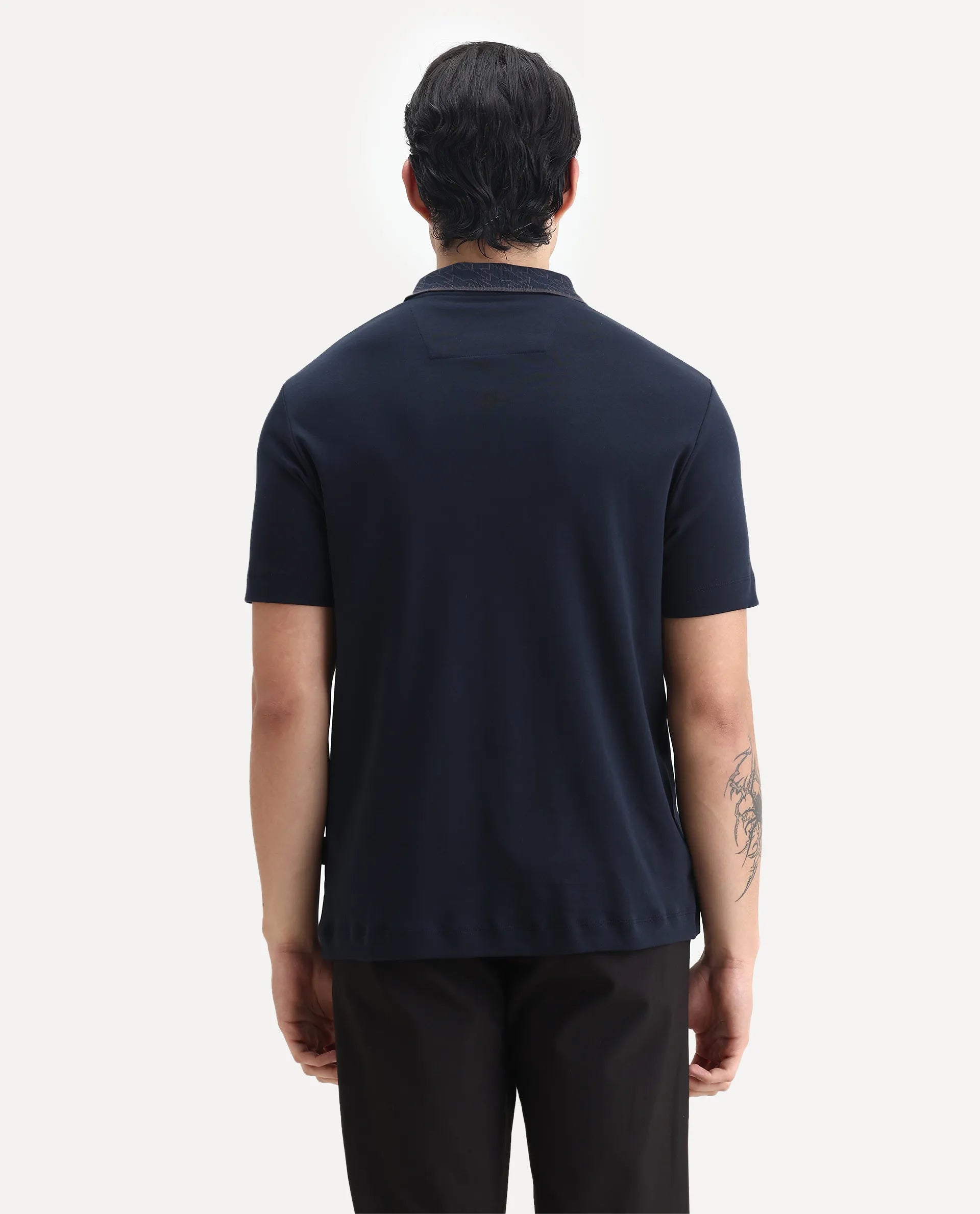 Rare Rabbit Men's Drix Navy Cotton Plain Regular Fit Half Sleeve Polo