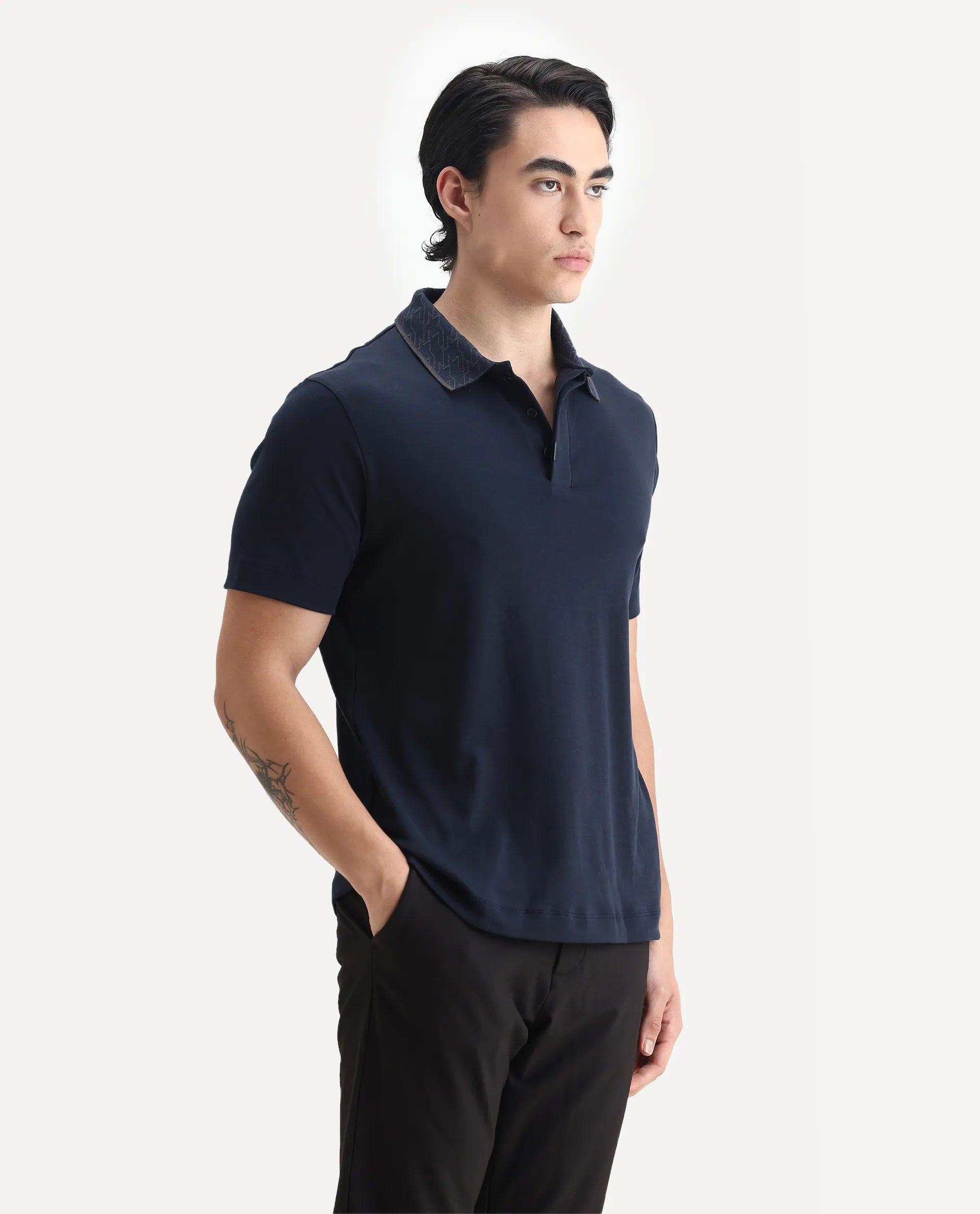 Rare Rabbit Men's Drix Navy Cotton Plain Regular Fit Half Sleeve Polo