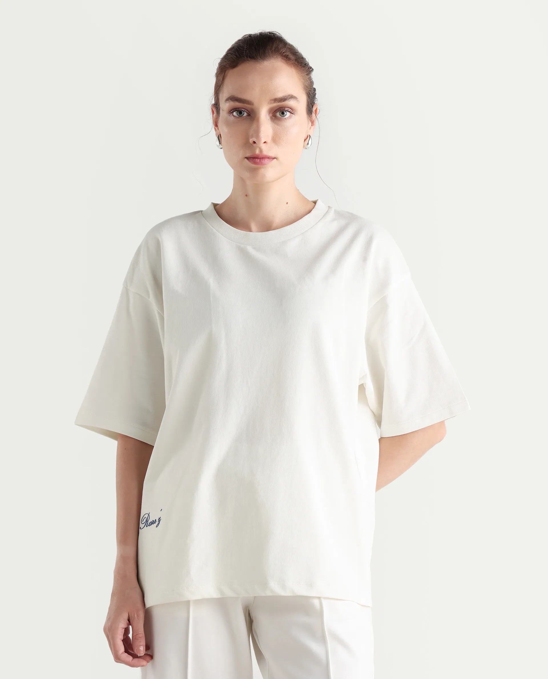 Rareism Women's Droako Off White Cotton Graphic Print Oversized T-Shirt