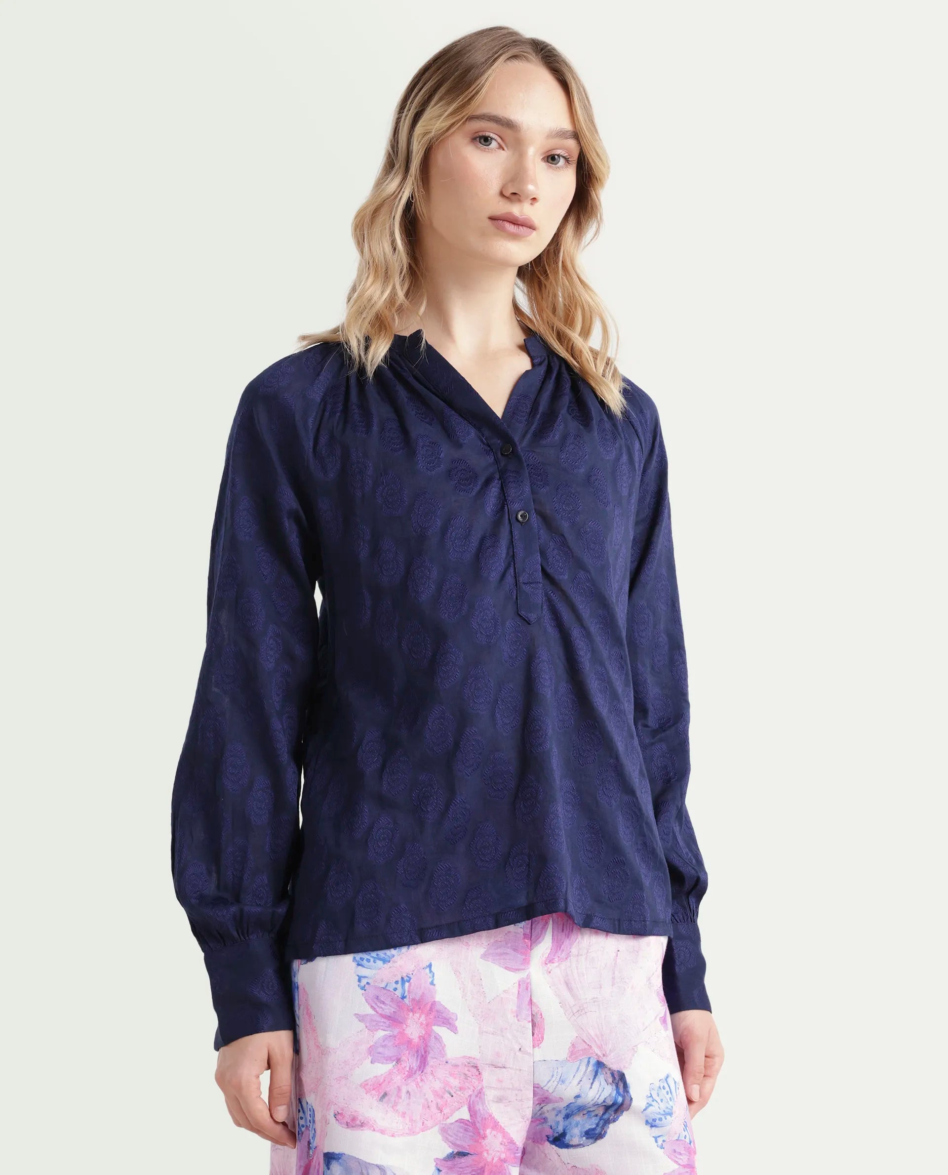Rareism Women's Droff Dark Blue Polyester Mandarin Collar Floral Print Cuffed Sleeve Regular Fit Top