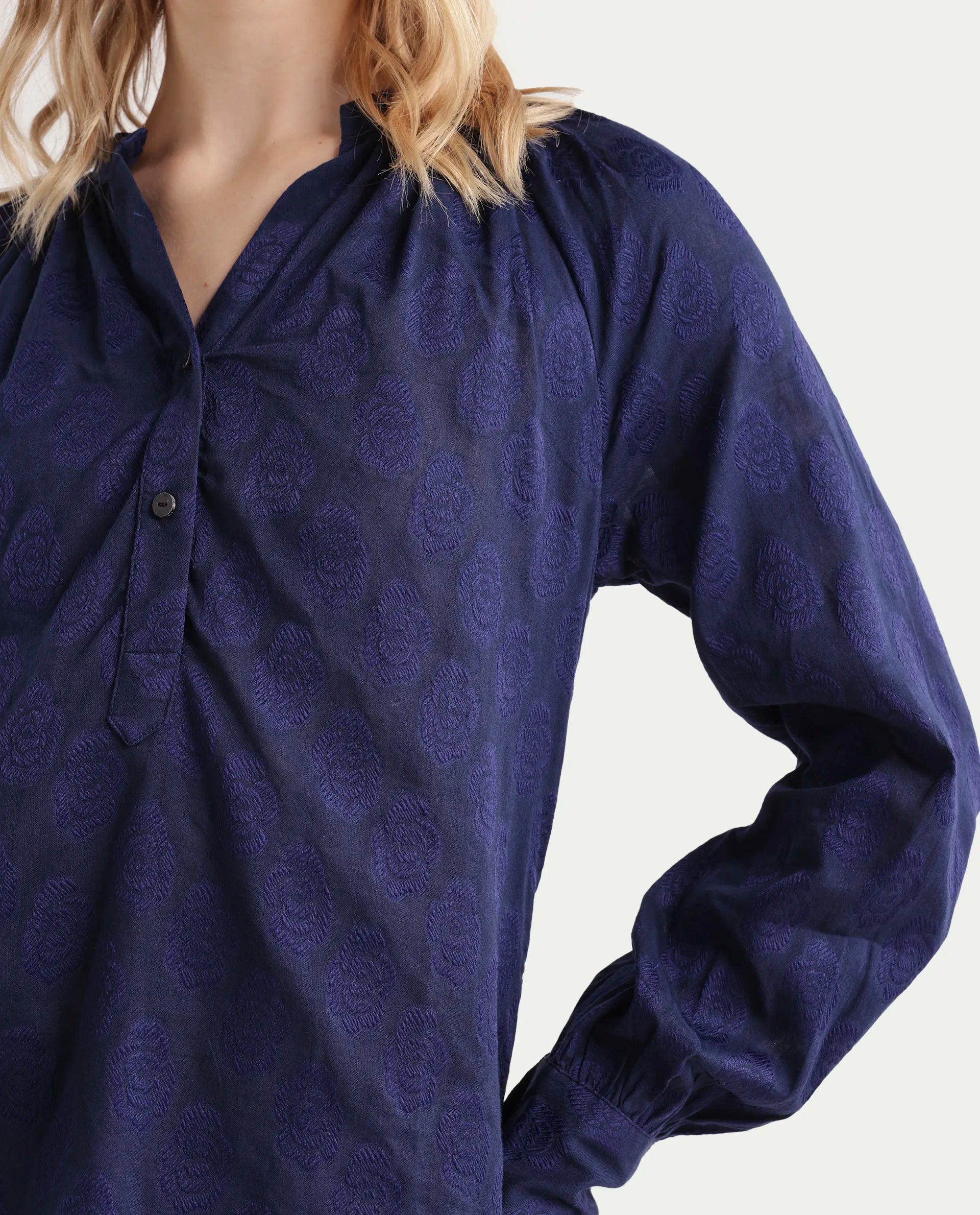 Rareism Women's Droff Dark Blue Polyester Mandarin Collar Floral Print Cuffed Sleeve Regular Fit Top