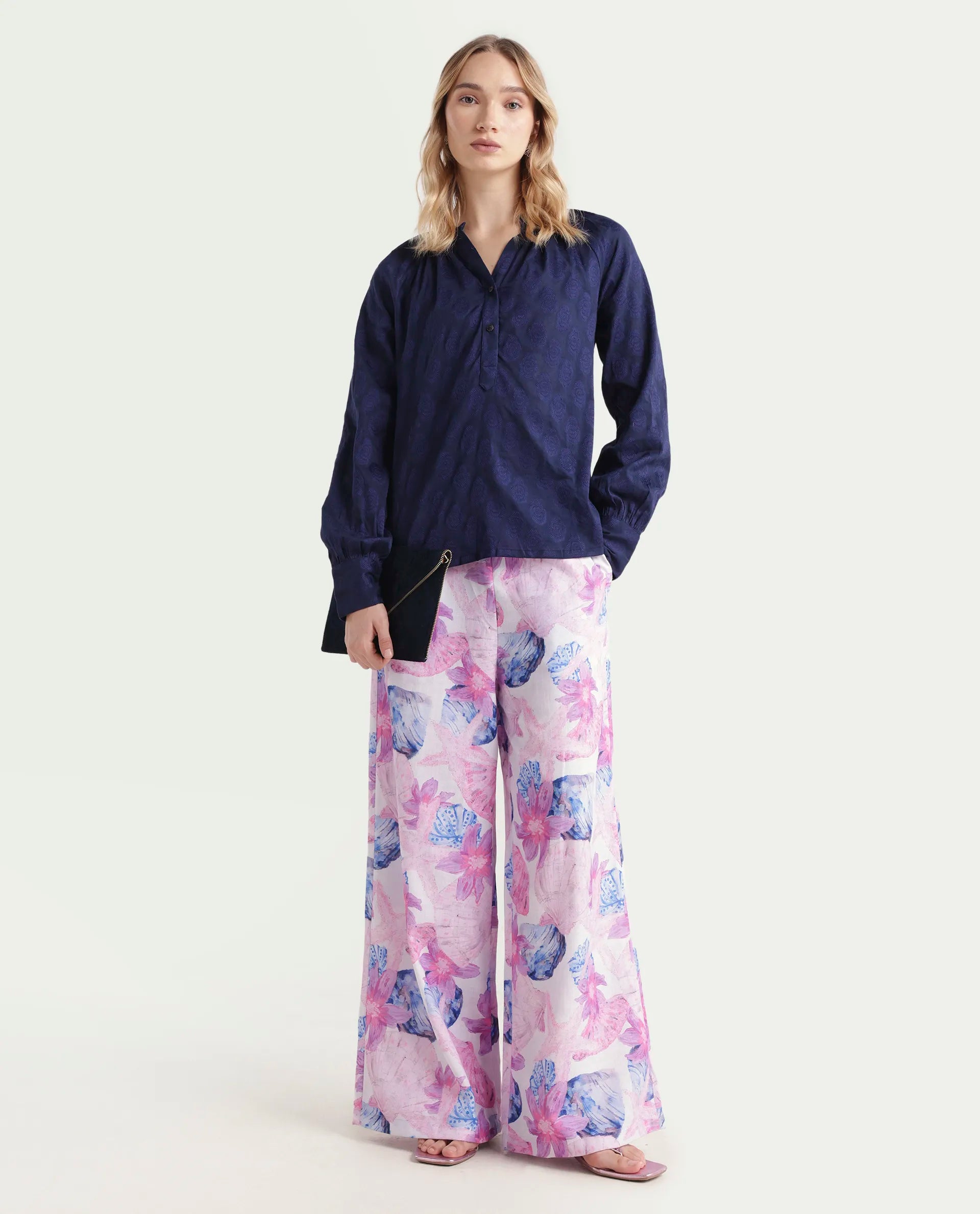Rareism Women's Droff Dark Blue Polyester Mandarin Collar Floral Print Cuffed Sleeve Regular Fit Top