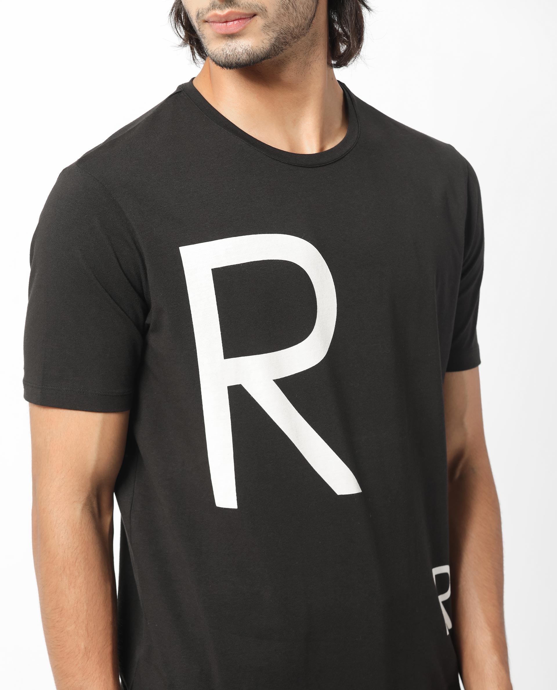 Rare Rabbit Men's Drover Black Crew Neck Overall Placement Print Branding Half Sleeves T-Shirt