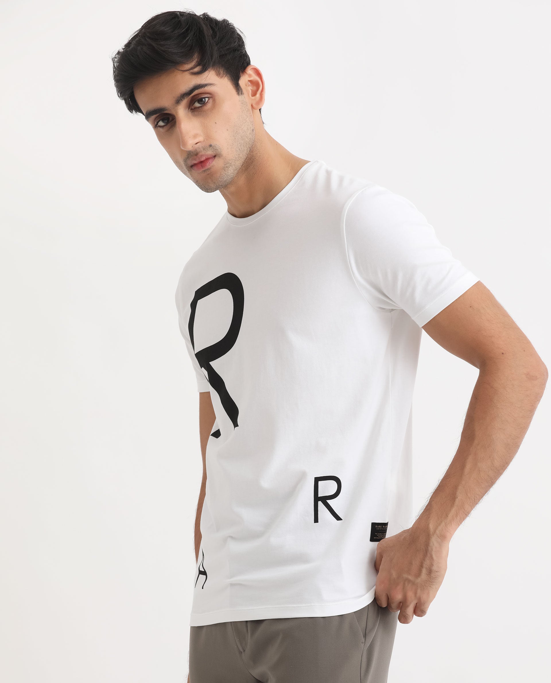 Rare Rabbit Men's Drover White Crew Neck Overall Placement Print Branding Half Sleeves T-Shirt