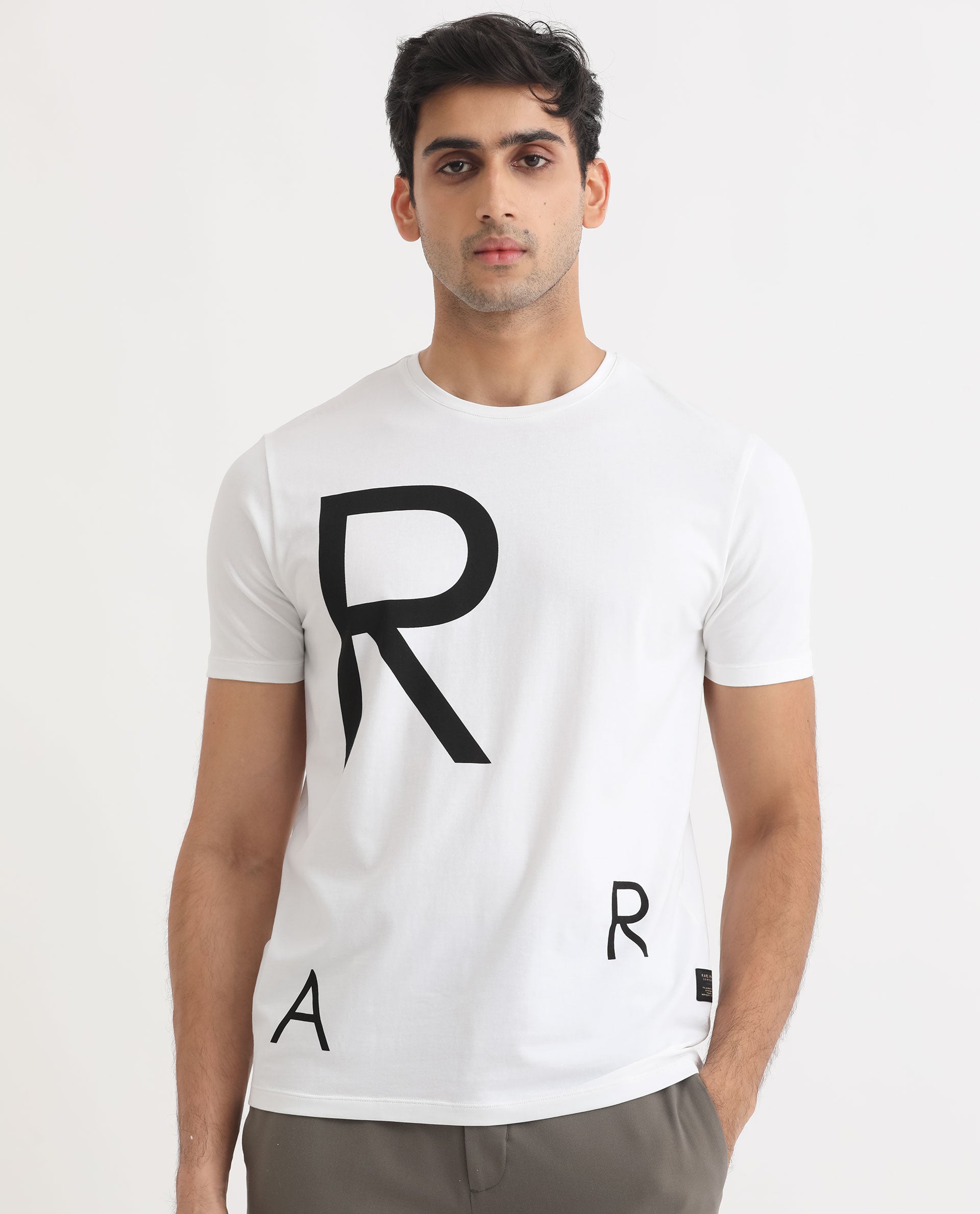 Rare Rabbit Men's Drover White Crew Neck Overall Placement Print Branding Half Sleeves T-Shirt