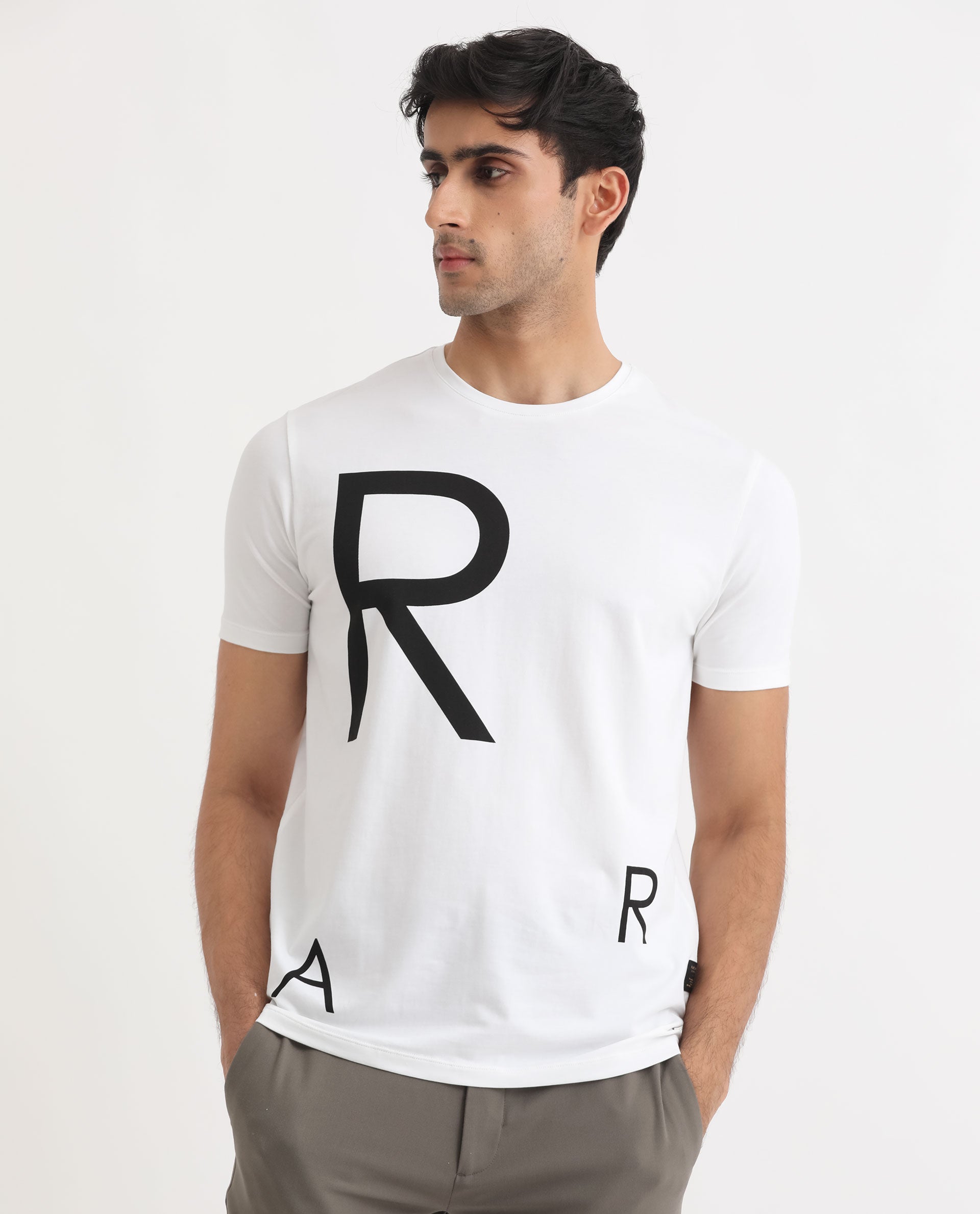 Rare Rabbit Men's Drover White Crew Neck Overall Placement Print Branding Half Sleeves T-Shirt