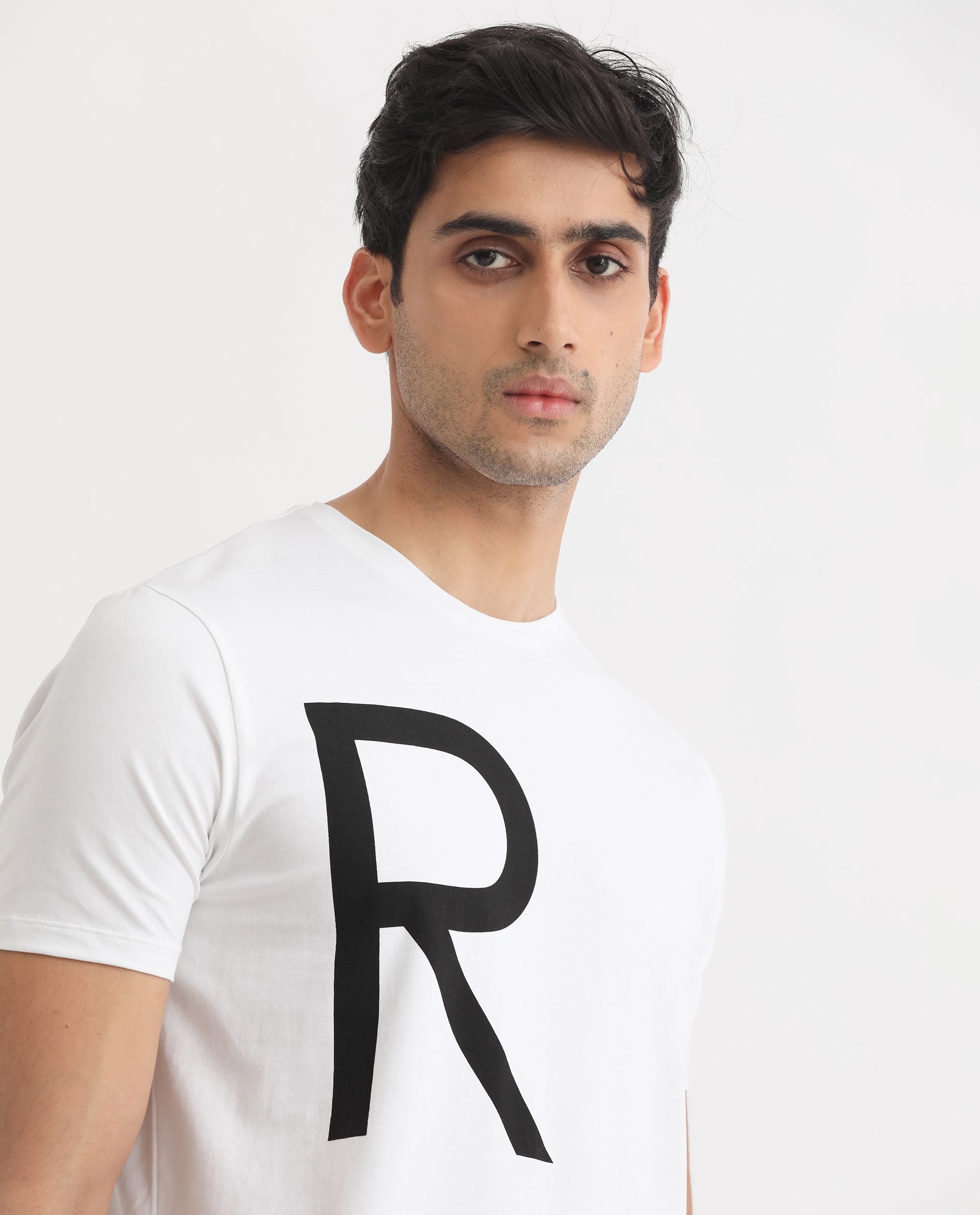 Rare Rabbit Men's Drover White Crew Neck Overall Placement Print Branding Half Sleeves T-Shirt