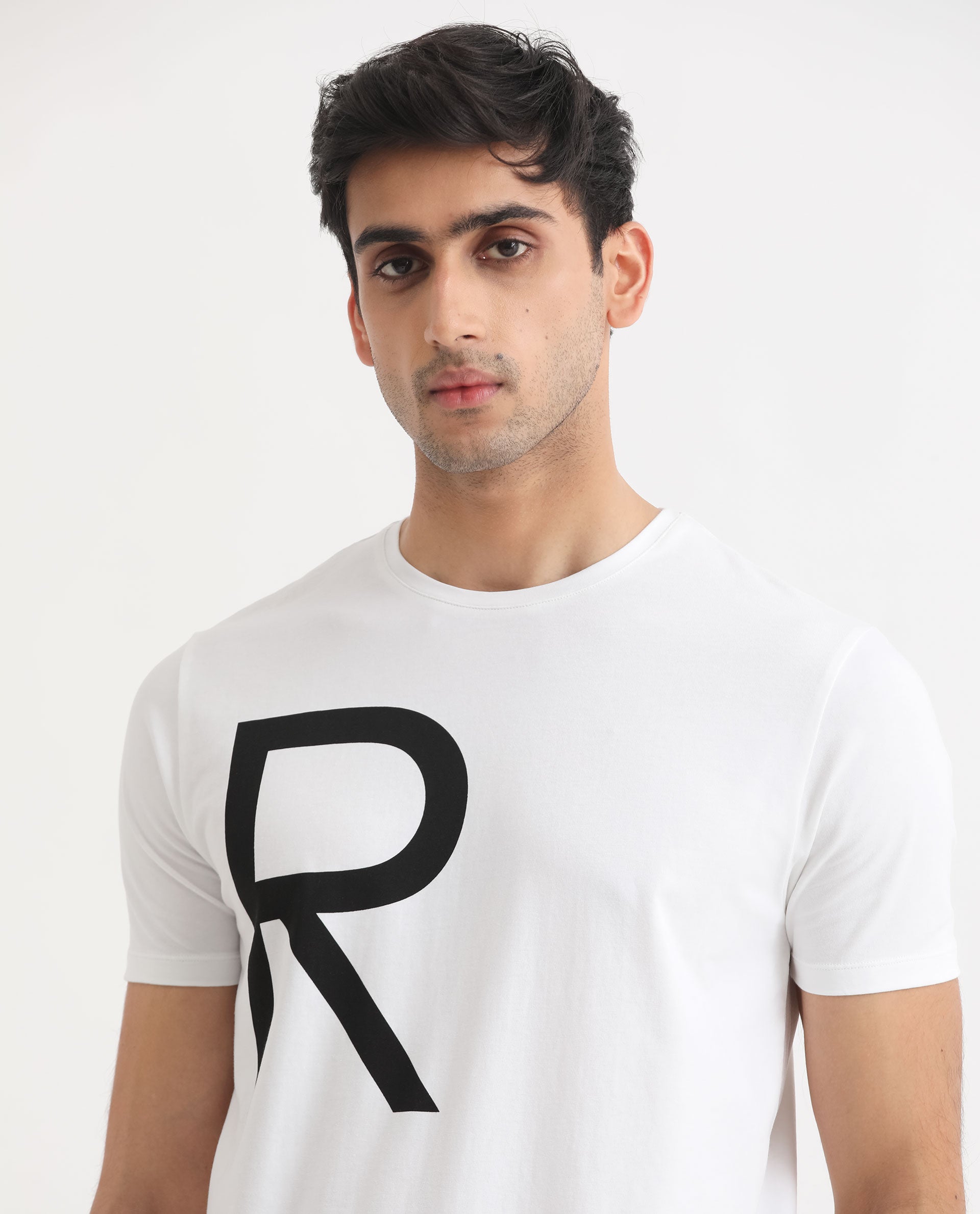 Rare Rabbit Men's Drover White Crew Neck Overall Placement Print Branding Half Sleeves T-Shirt