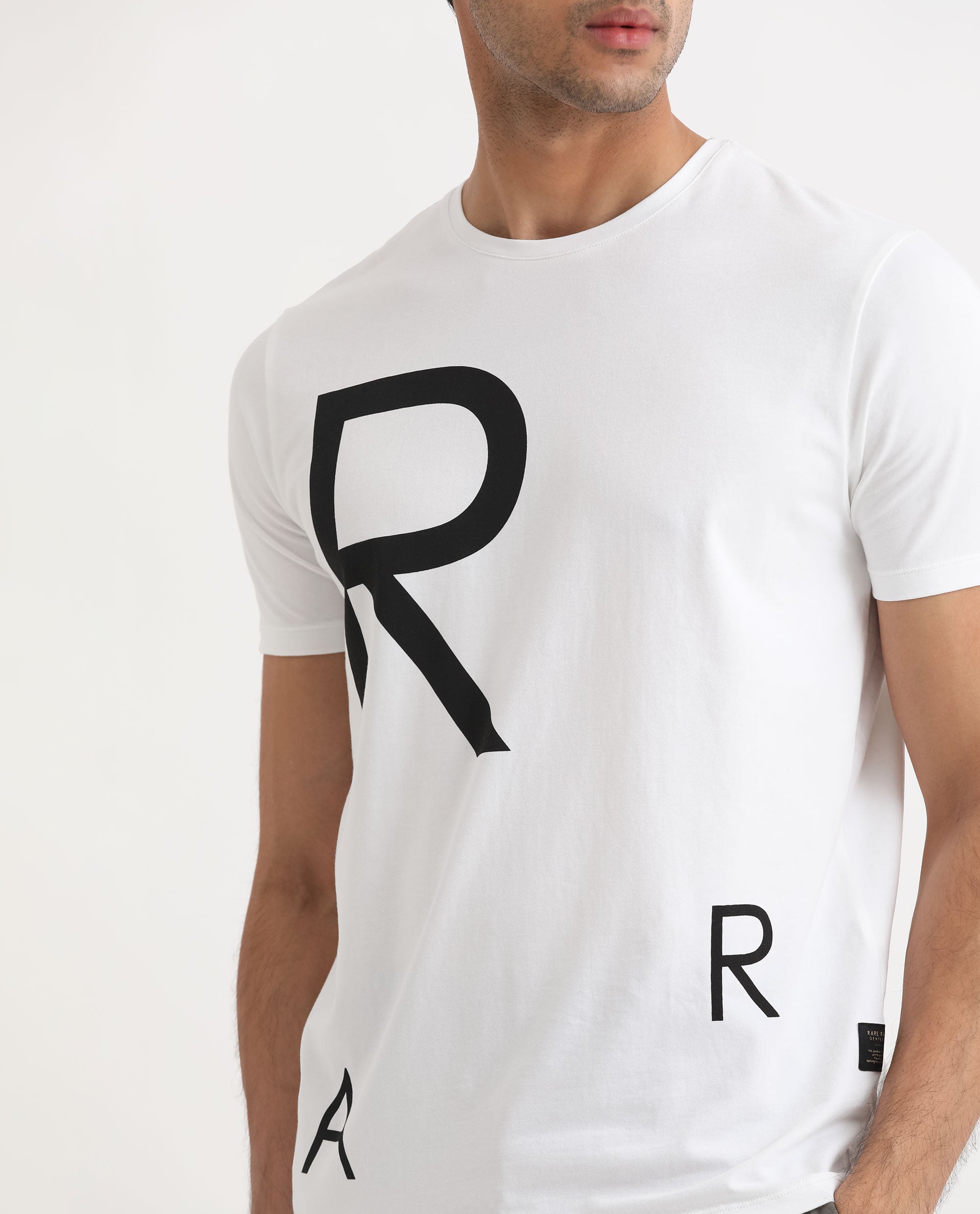 Rare Rabbit Men's Drover White Crew Neck Overall Placement Print Branding Half Sleeves T-Shirt