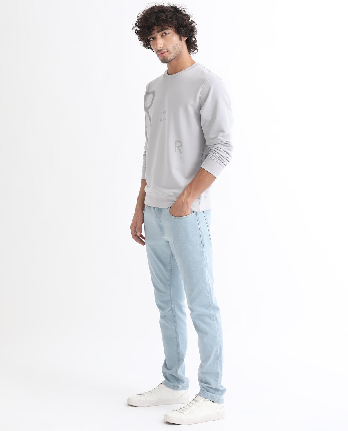 Rare Rabbit Men's Drovie Grey Cotton Polyester Fabric Full Sleeves Graphic Printed Logo Knitted Sweatshirt