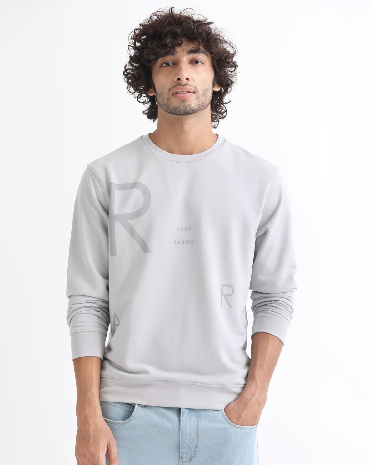 Rare Rabbit Men's Drovie Grey Cotton Polyester Fabric Full Sleeves Graphic Printed Logo Knitted Sweatshirt