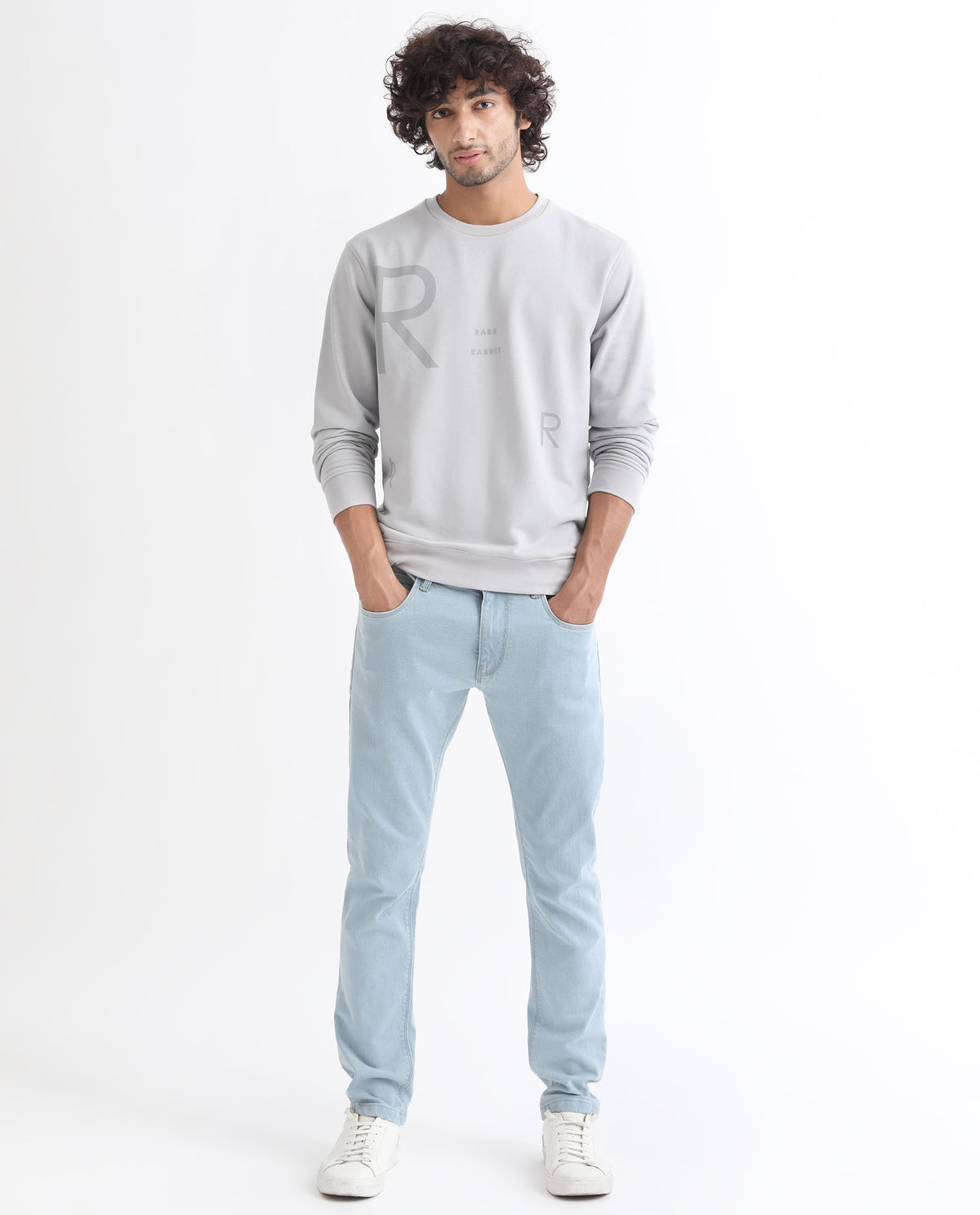 Rare Rabbit Men's Drovie Grey Cotton Polyester Fabric Full Sleeves Graphic Printed Logo Knitted Sweatshirt