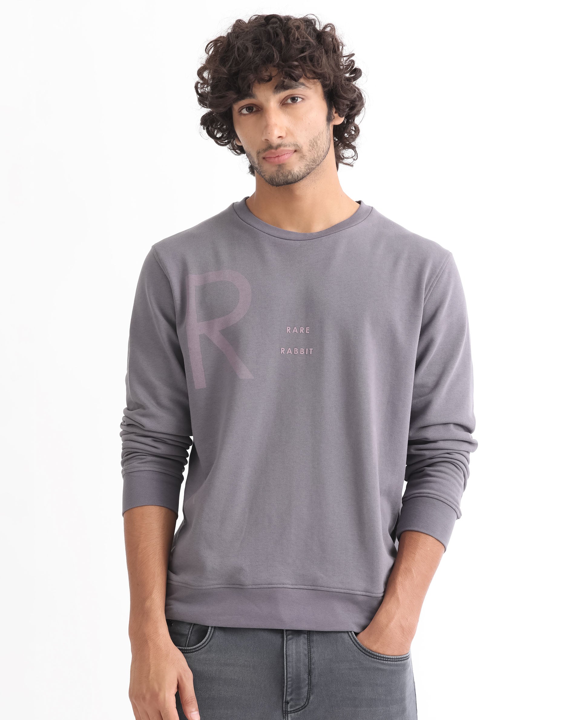 Rare Rabbit Men's Drovie Purple Cotton Polyester Fabric Full Sleeves Logo Graphic Print Knitted Sweatshirt
