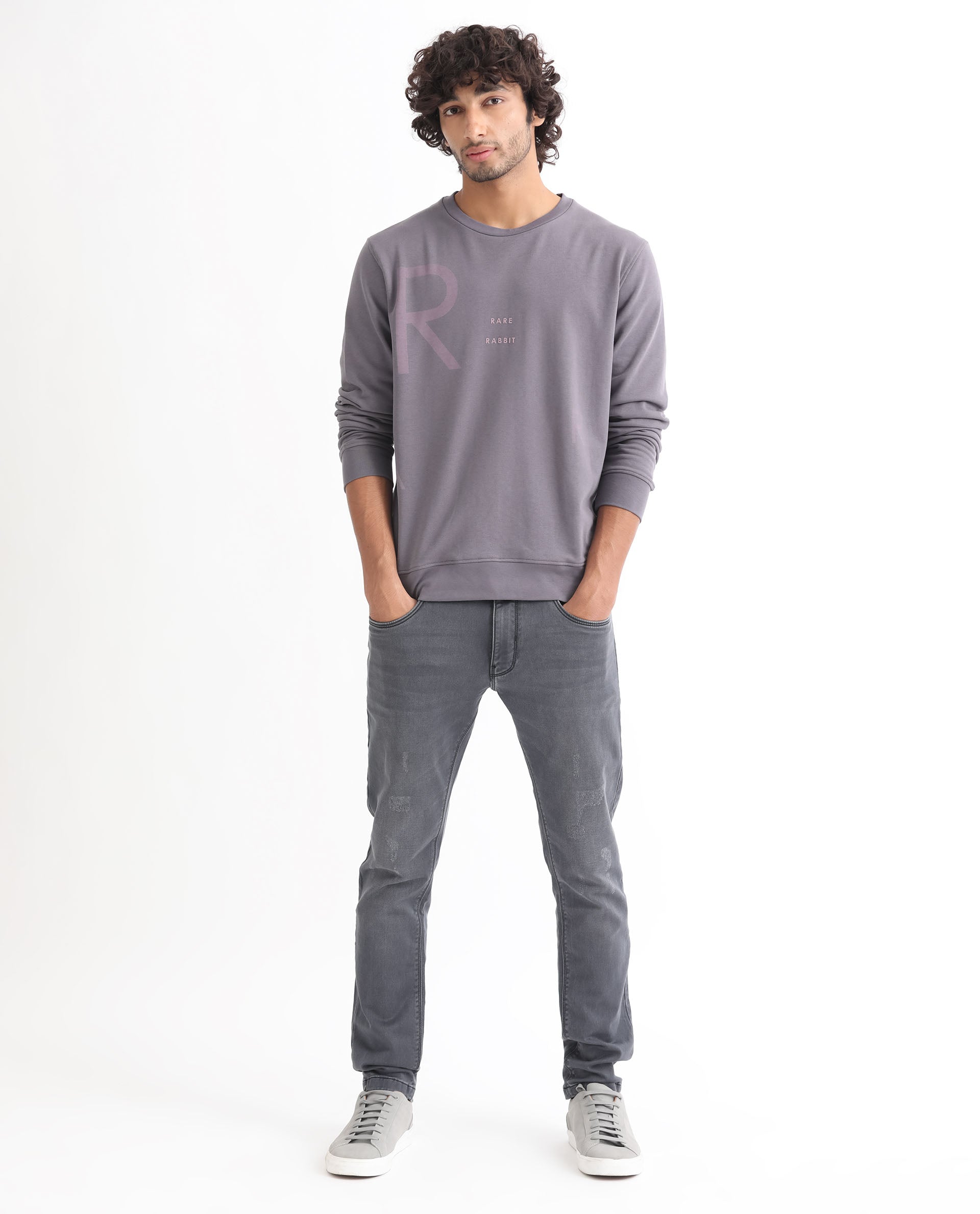 Rare Rabbit Men's Drovie Purple Cotton Polyester Fabric Full Sleeves Logo Graphic Print Knitted Sweatshirt