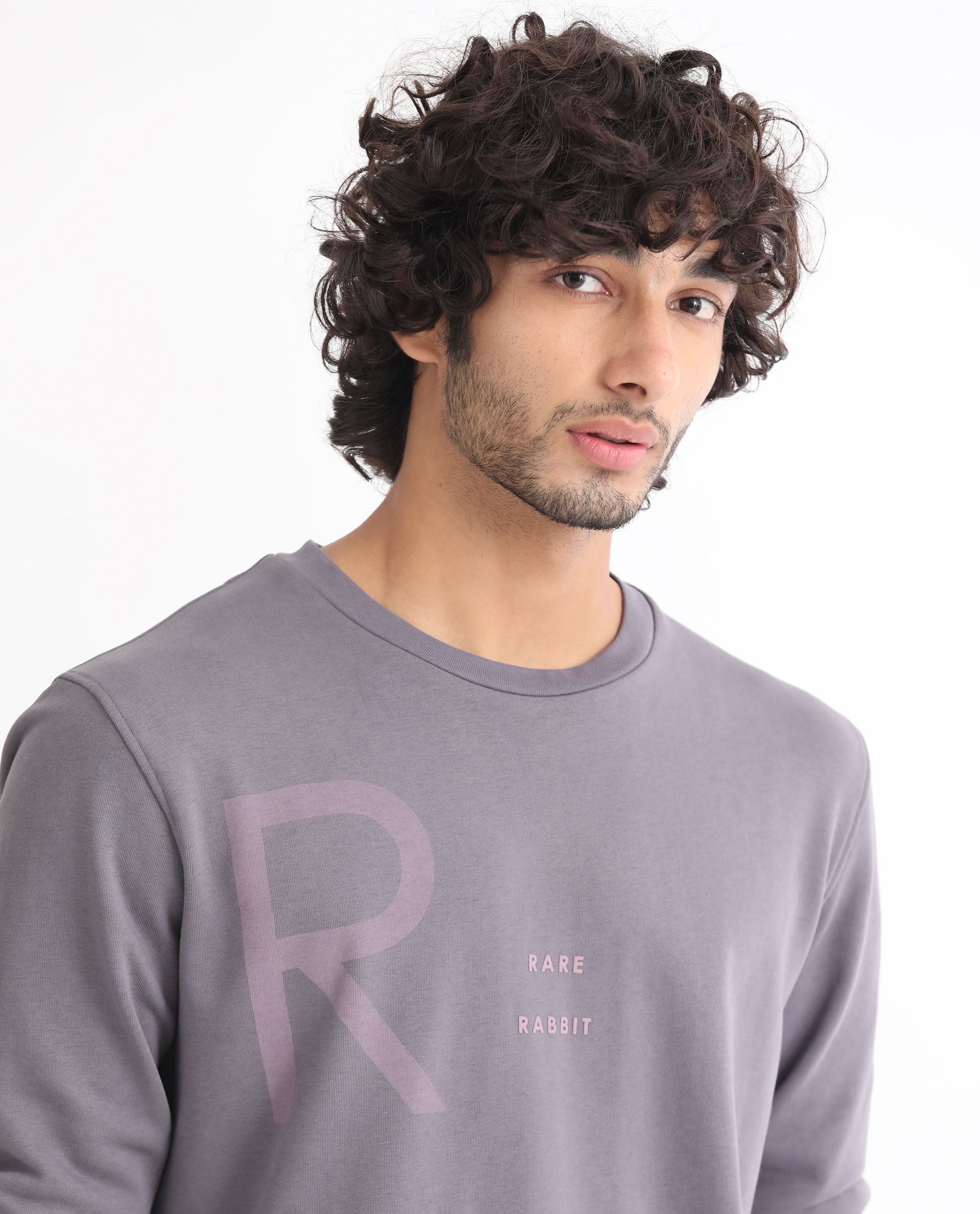 Rare Rabbit Men's Drovie Purple Cotton Polyester Fabric Full Sleeves Logo Graphic Print Knitted Sweatshirt