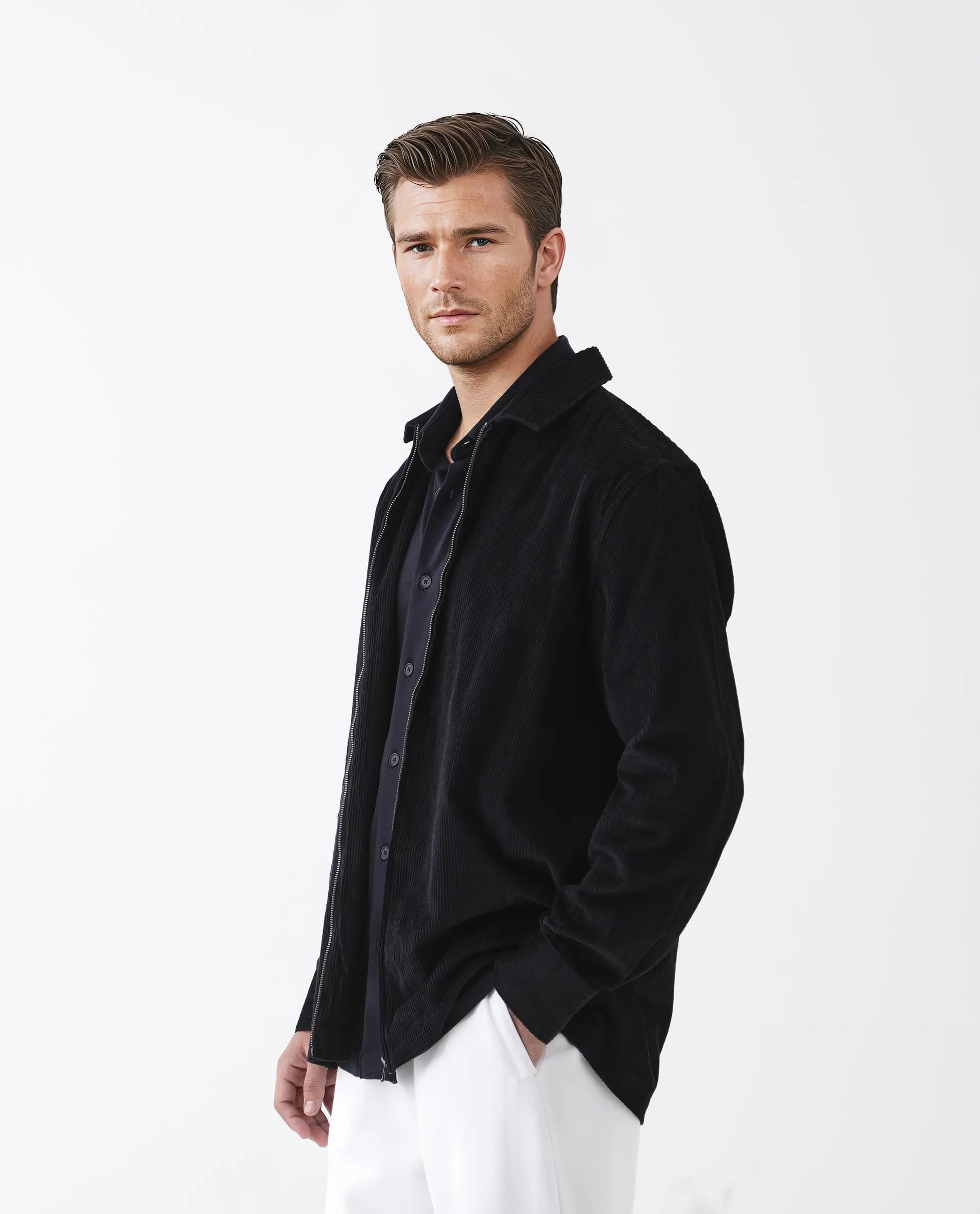 Rare Rabbit Men's Drozz Black Cotton Textured Relaxed Fit Full Sleeve Collared Shirt