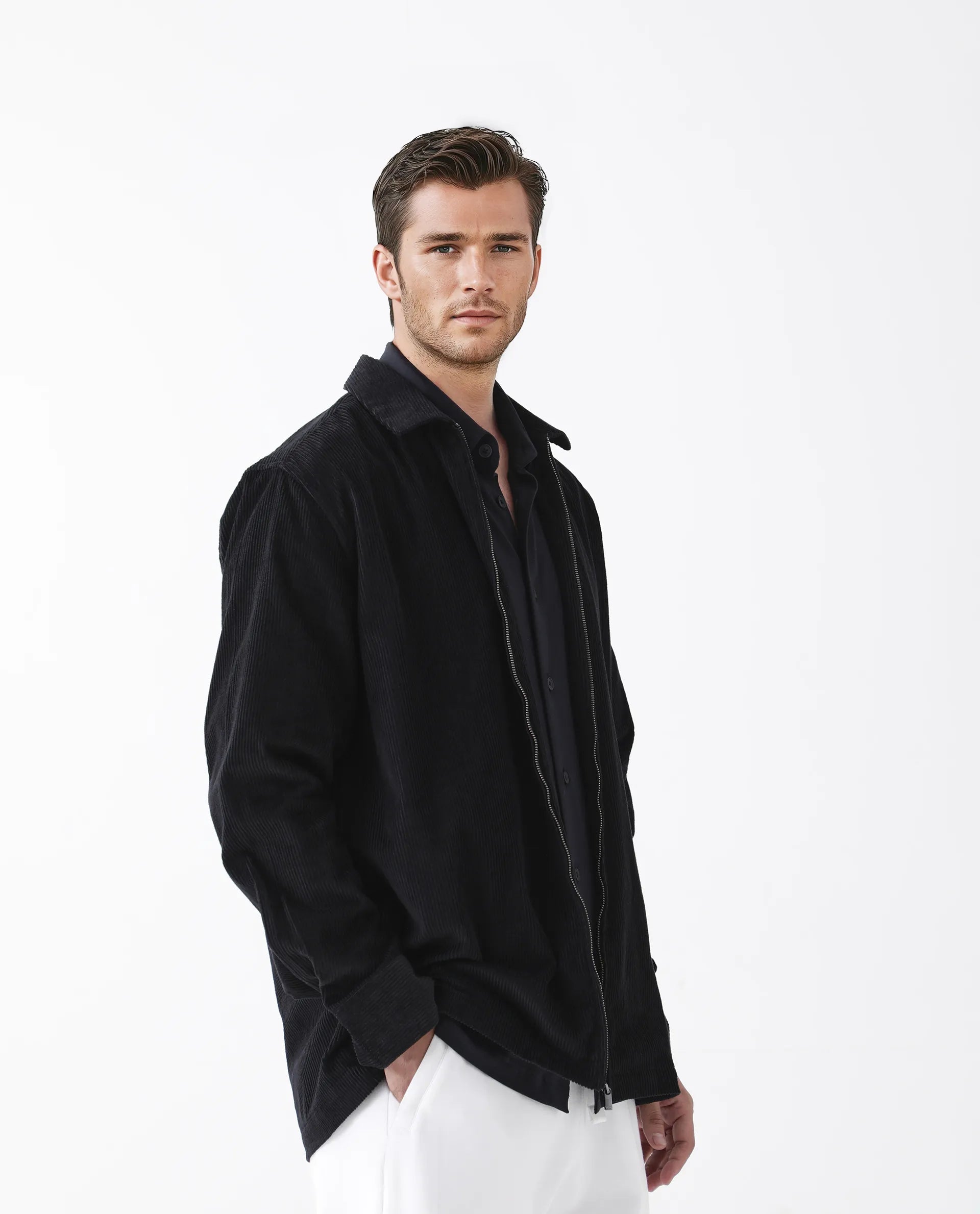 Rare Rabbit Men's Drozz Black Cotton Textured Relaxed Fit Full Sleeve Collared Shirt