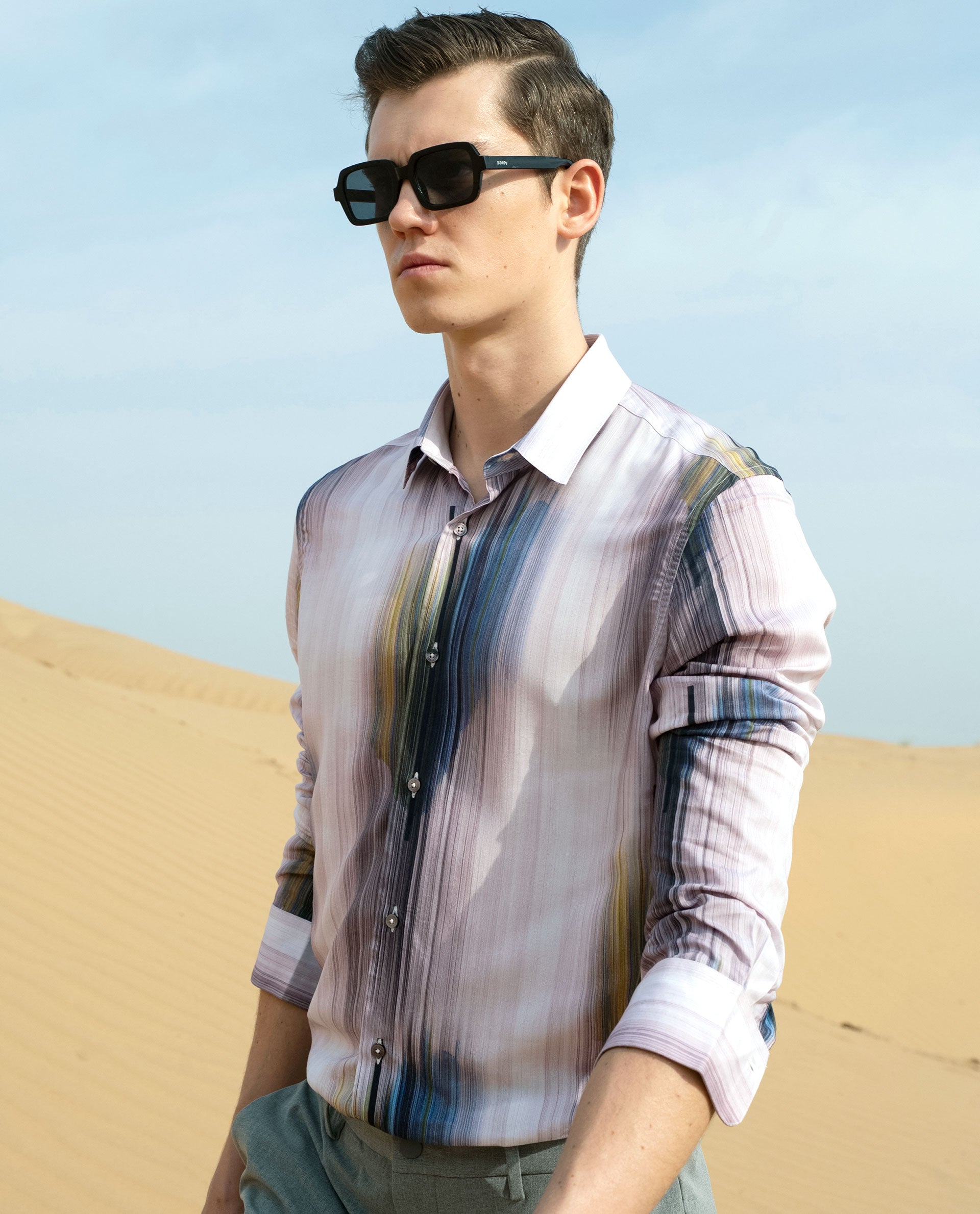 Rare Rabbit Men's Cosmoss Blue Viscose Fabric Abstract Print Full Sleeves Shirt