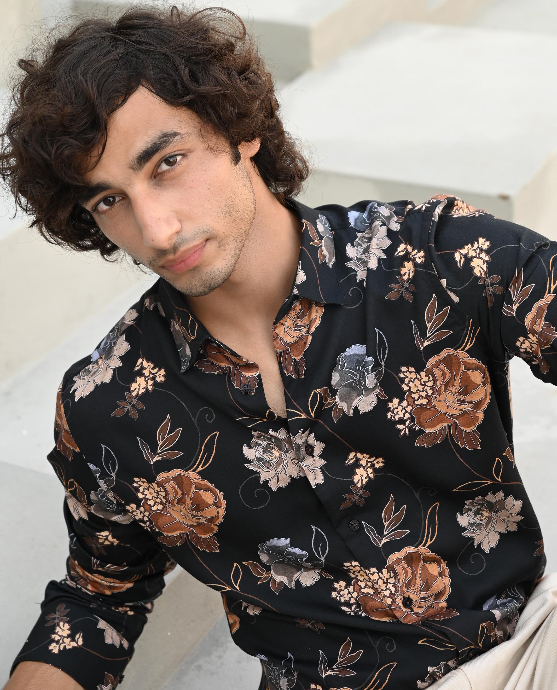 Rare Rabbit Men's Marne Black Cotton Viscose Fabric Floral Print Full Sleeves Shirt