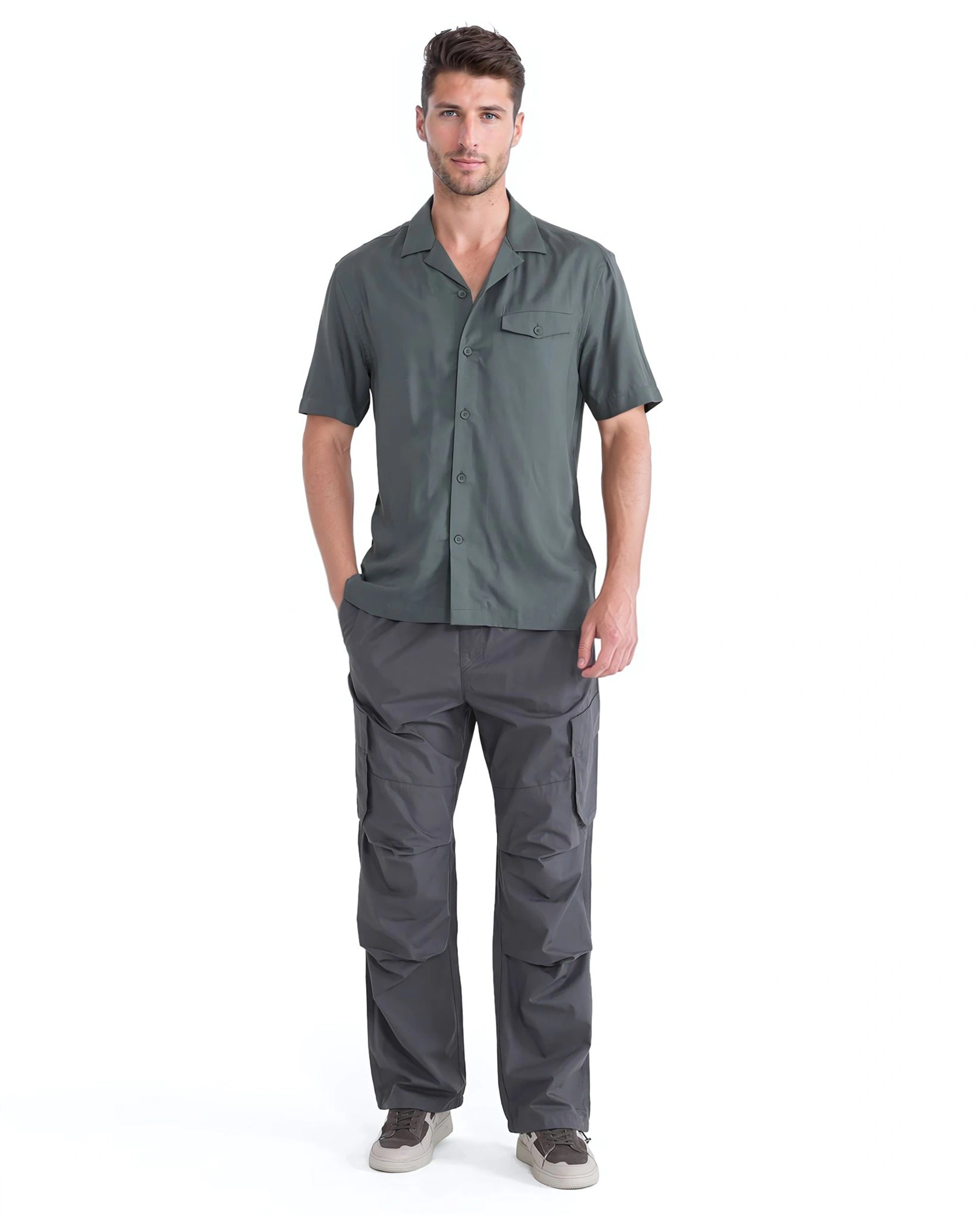Rare Rabbit Men Dubm Dusky Green Modal Fabric Cuban Collar Short Sleeves Collared Neck with Flap Chest Pocket Plain Shirt