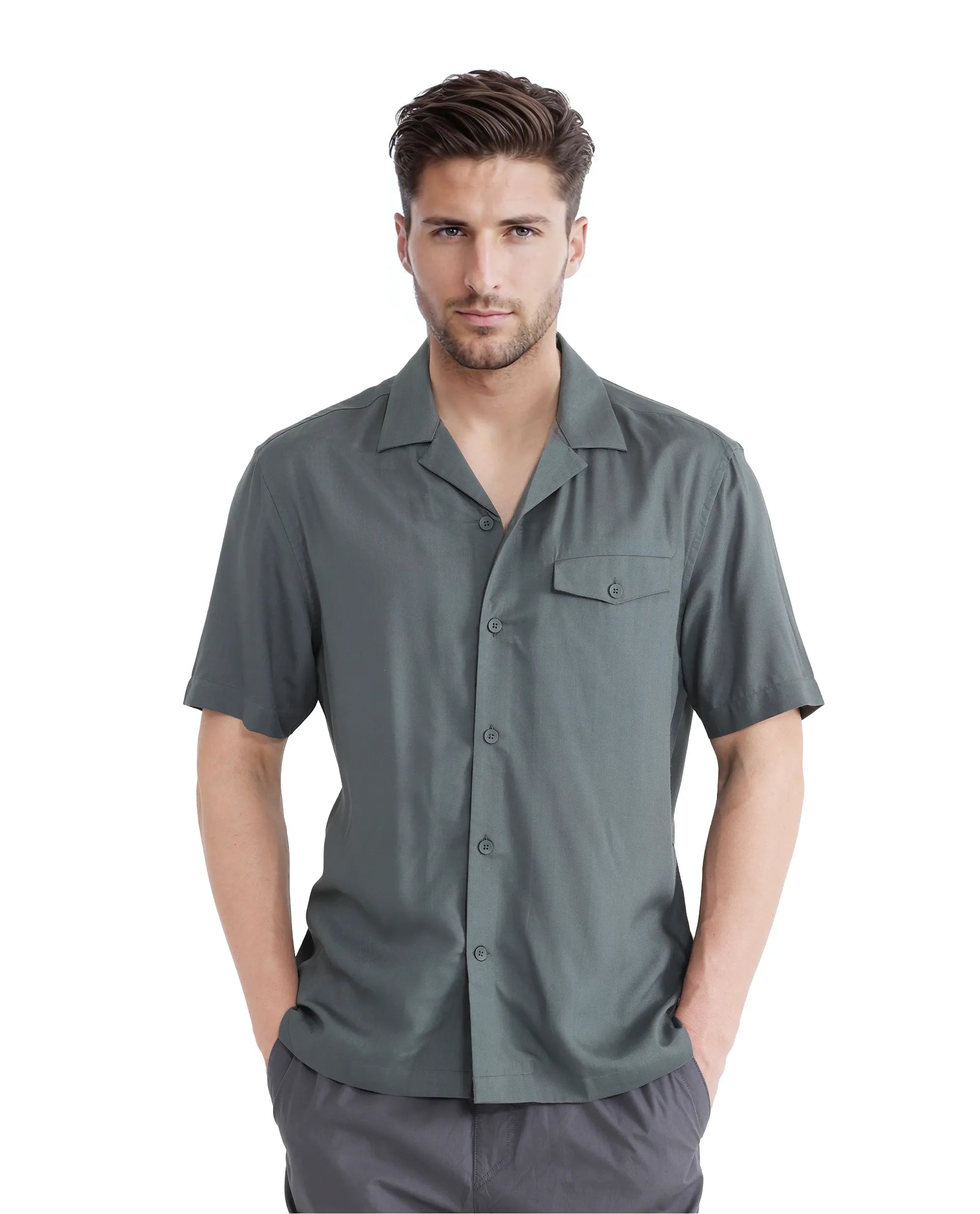 Rare Rabbit Men Dubm Dusky Green Modal Fabric Cuban Collar Short Sleeves Collared Neck with Flap Chest Pocket Plain Shirt