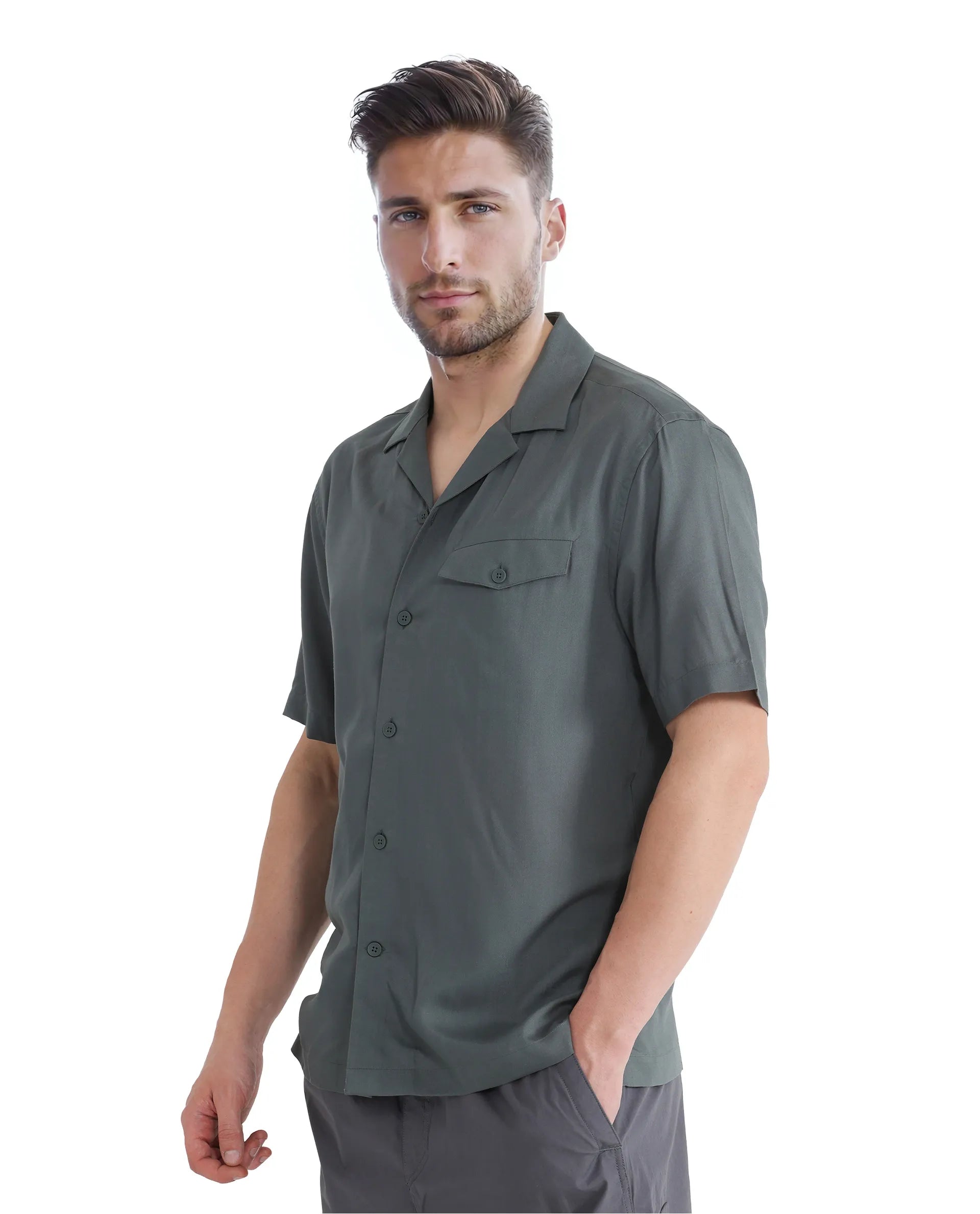 Rare Rabbit Men Dubm Dusky Green Modal Fabric Cuban Collar Short Sleeves Collared Neck with Flap Chest Pocket Plain Shirt