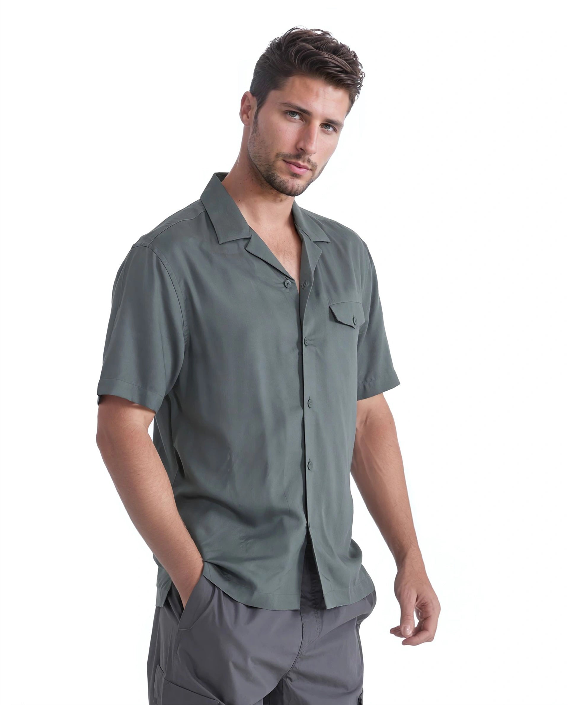 Rare Rabbit Men Dubm Dusky Green Modal Fabric Cuban Collar Short Sleeves Collared Neck with Flap Chest Pocket Plain Shirt