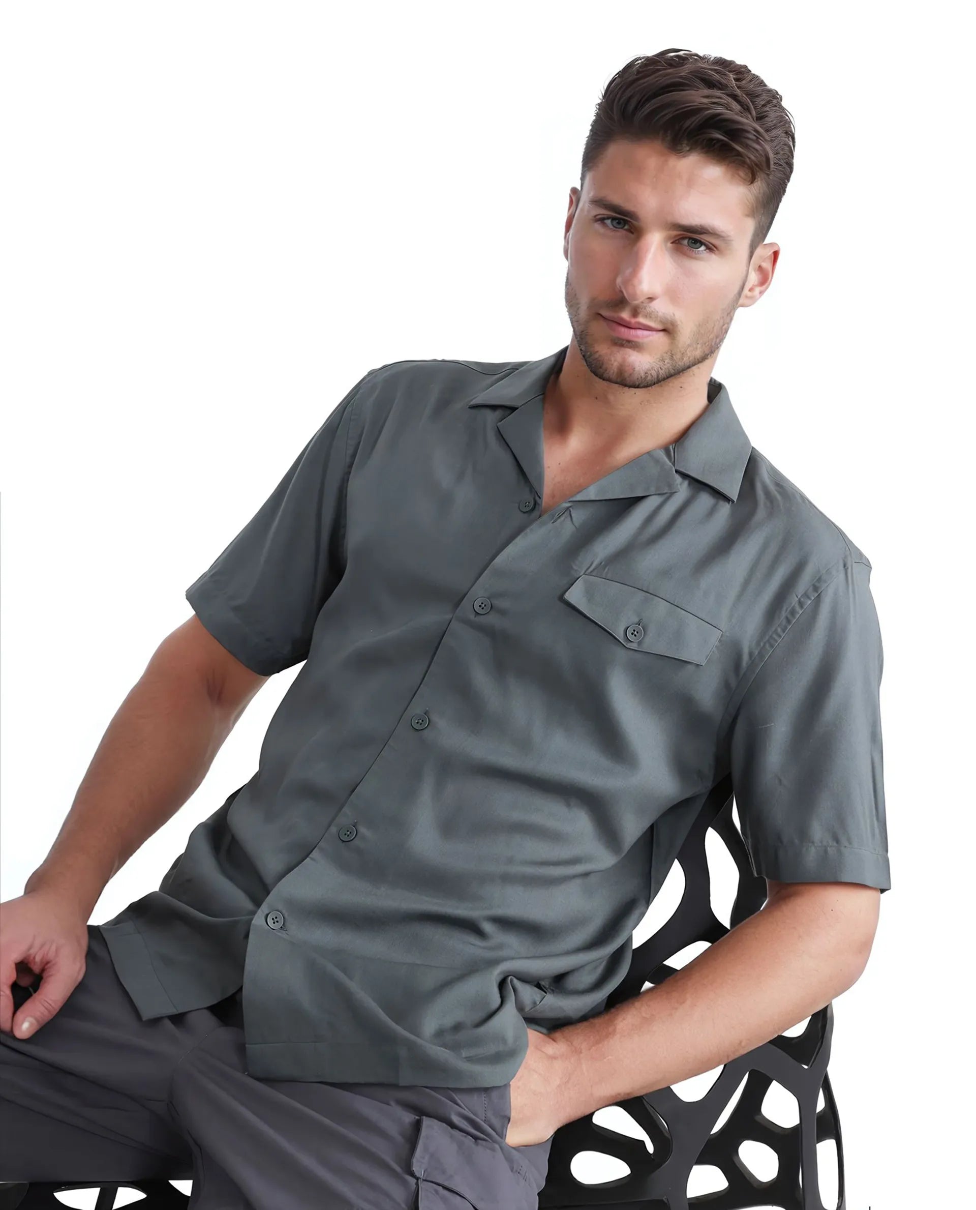 Rare Rabbit Men Dubm Dusky Green Modal Fabric Cuban Collar Short Sleeves Collared Neck with Flap Chest Pocket Plain Shirt