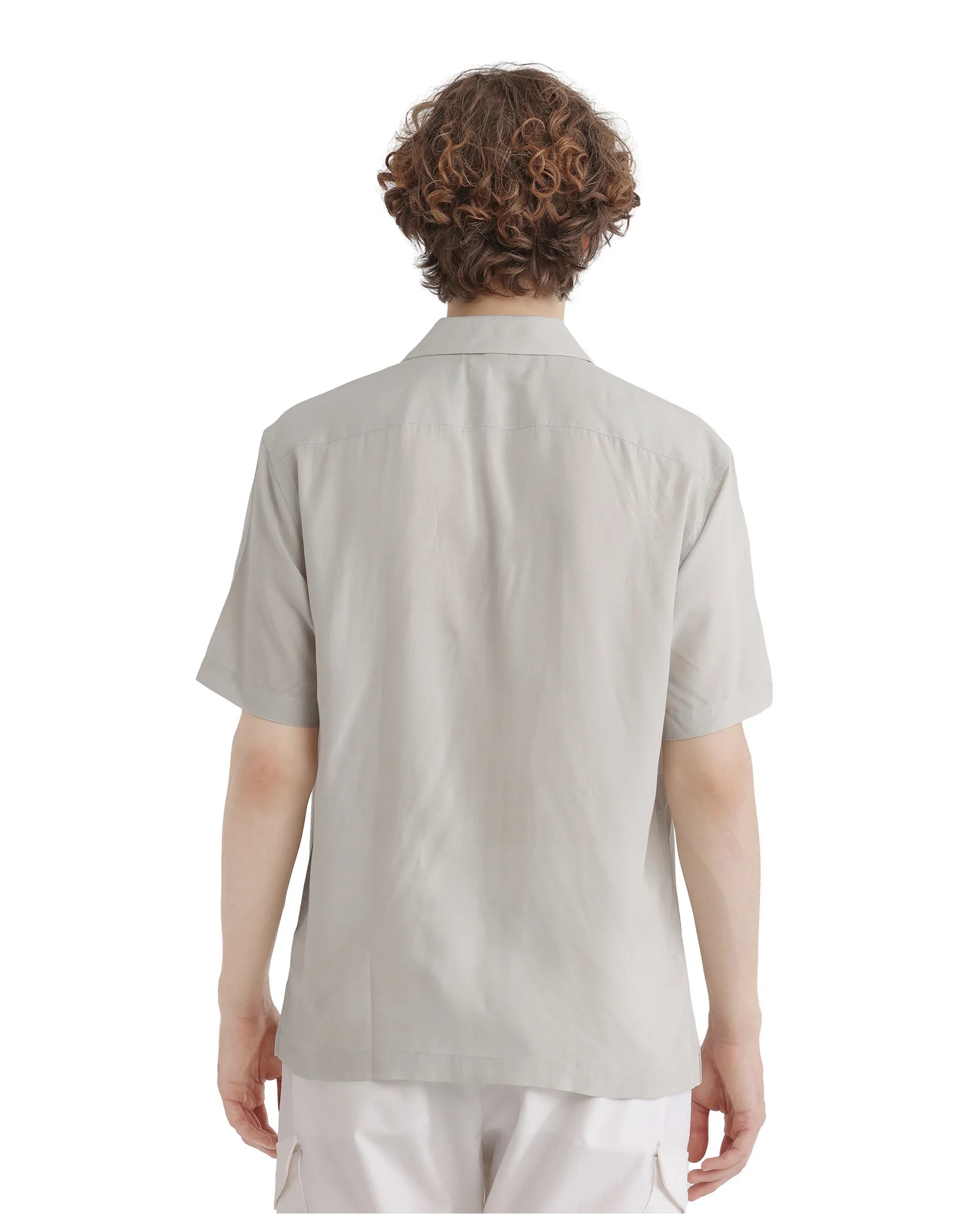 Rare Rabbit Men Dubm Light Grey Modal Fabric Cuban Collar Short Sleeves Collared Neck with Flap Chest Pocket Plain Shirt