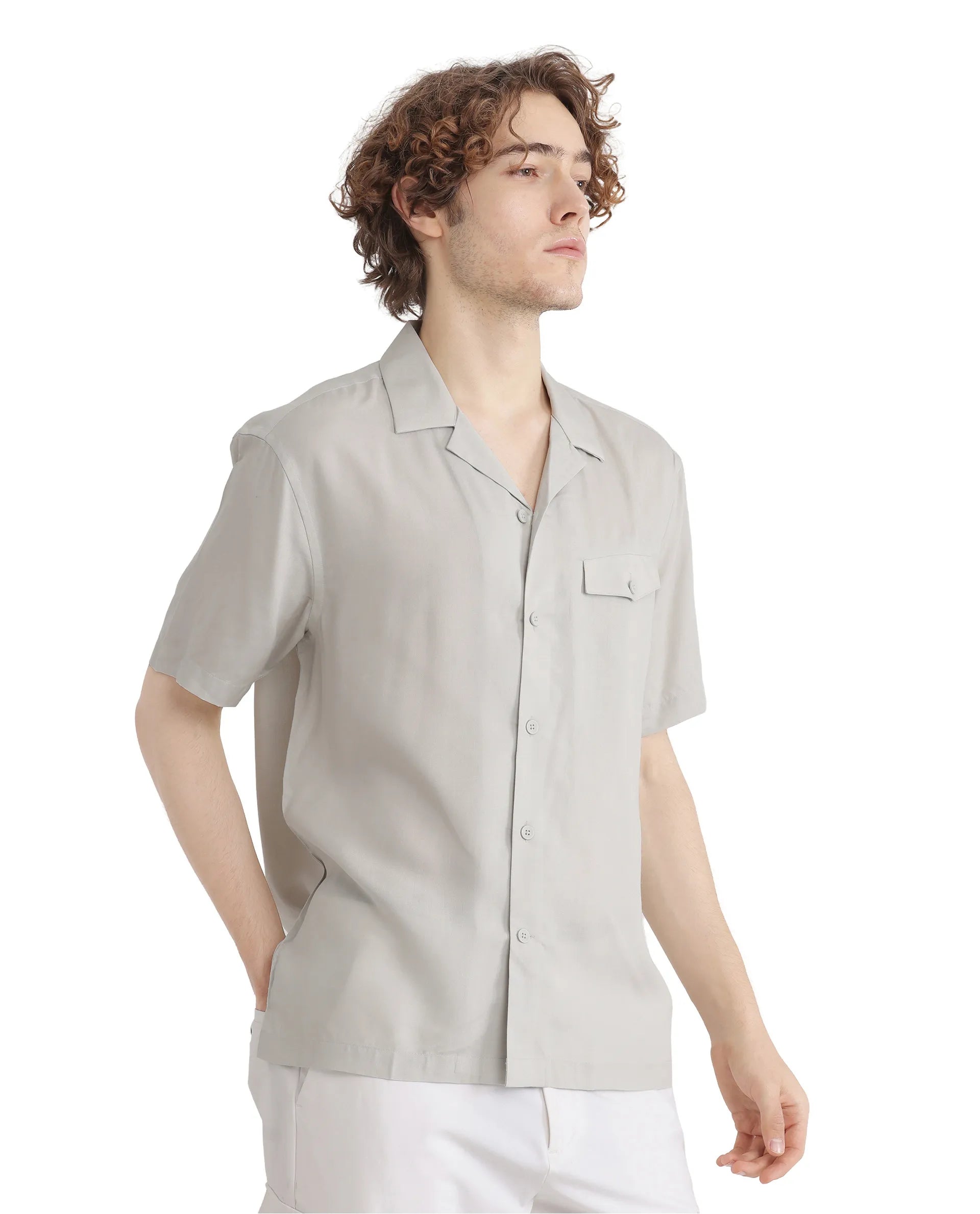 Rare Rabbit Men Dubm Light Grey Modal Fabric Cuban Collar Short Sleeves Collared Neck with Flap Chest Pocket Plain Shirt