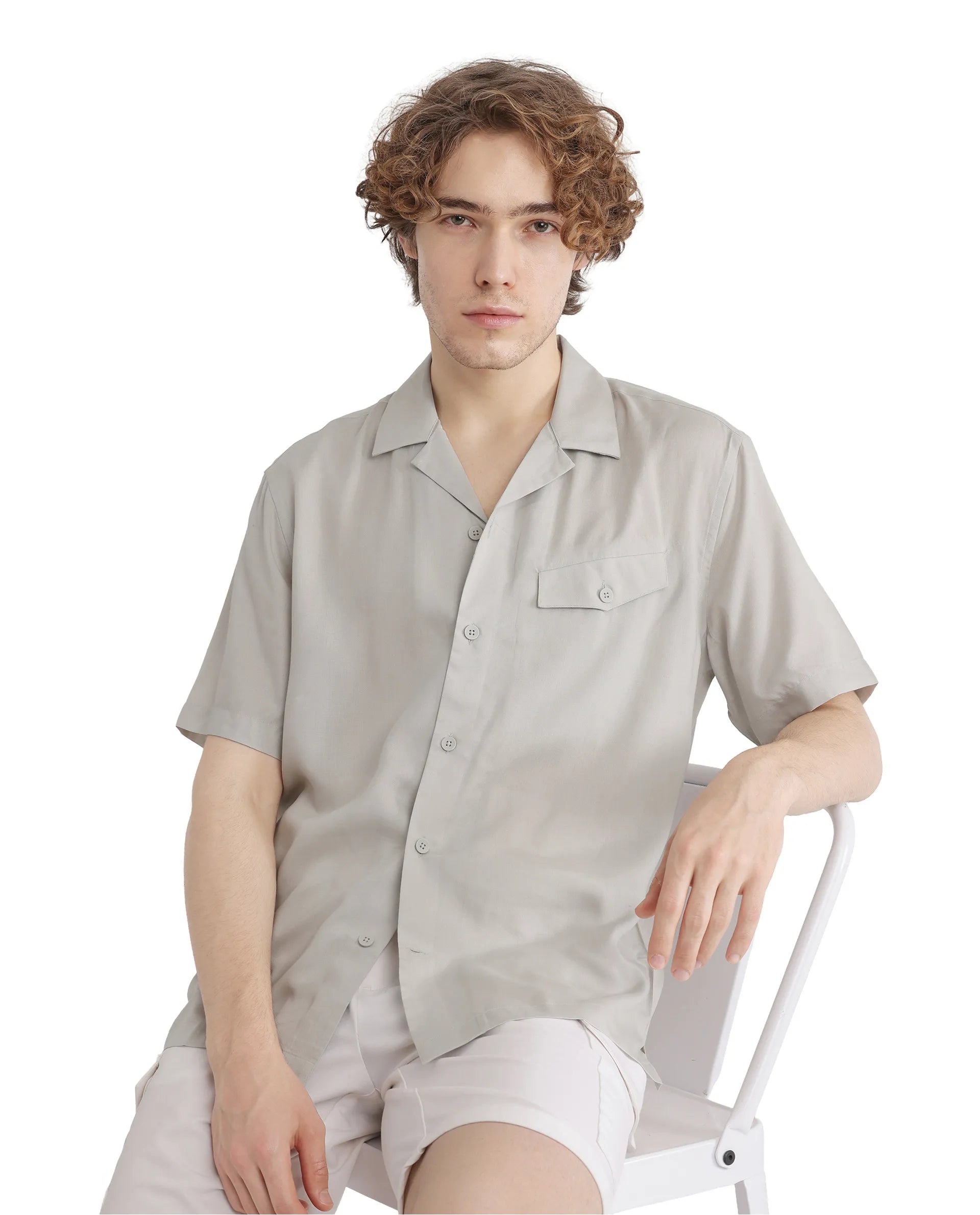 Rare Rabbit Men Dubm Light Grey Modal Fabric Cuban Collar Short Sleeves Collared Neck with Flap Chest Pocket Plain Shirt