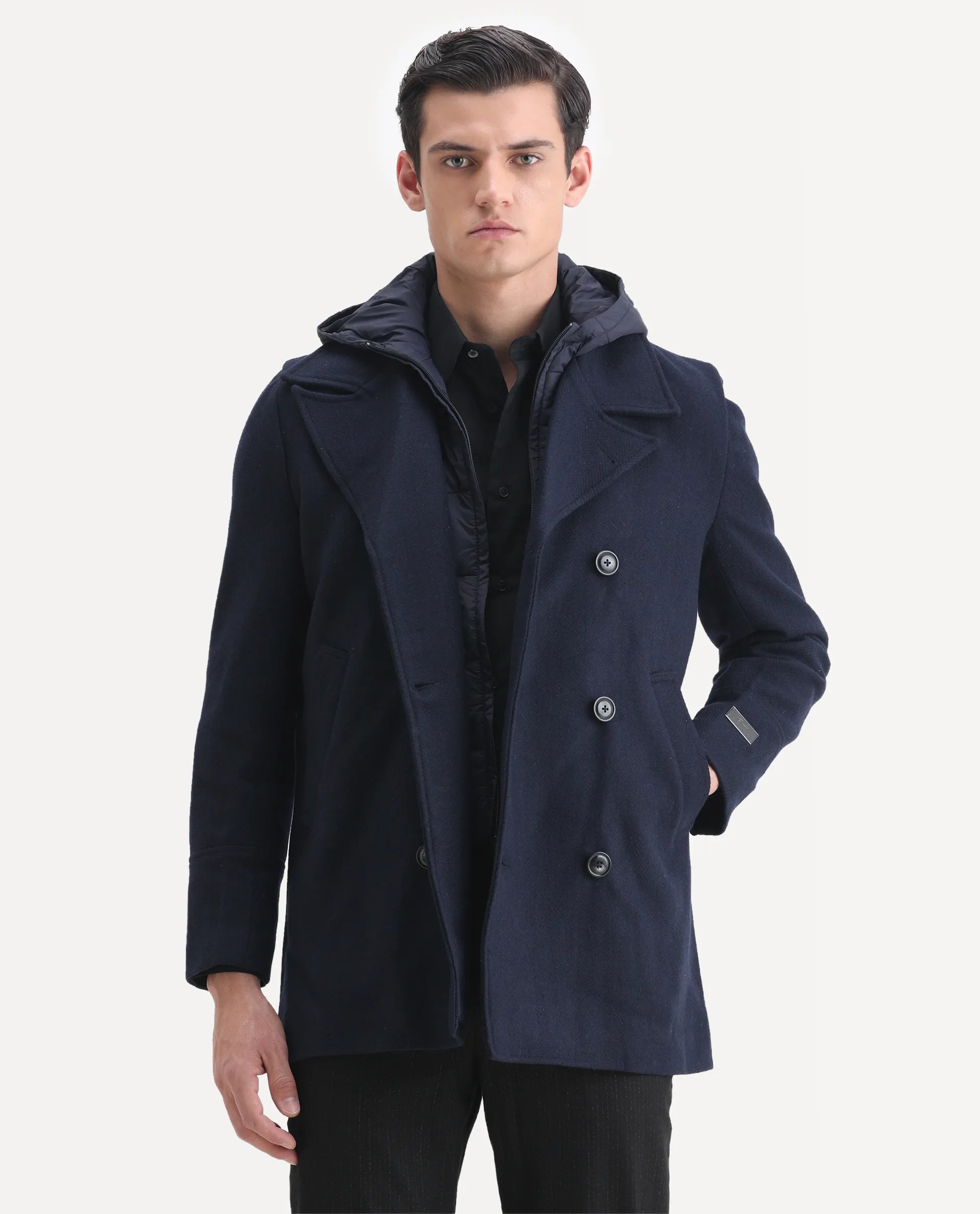 Rare Rabbit Men's Dubby Dark Navy Polyester Plain Tailored Fit Full Sleeve Hooded Jacket