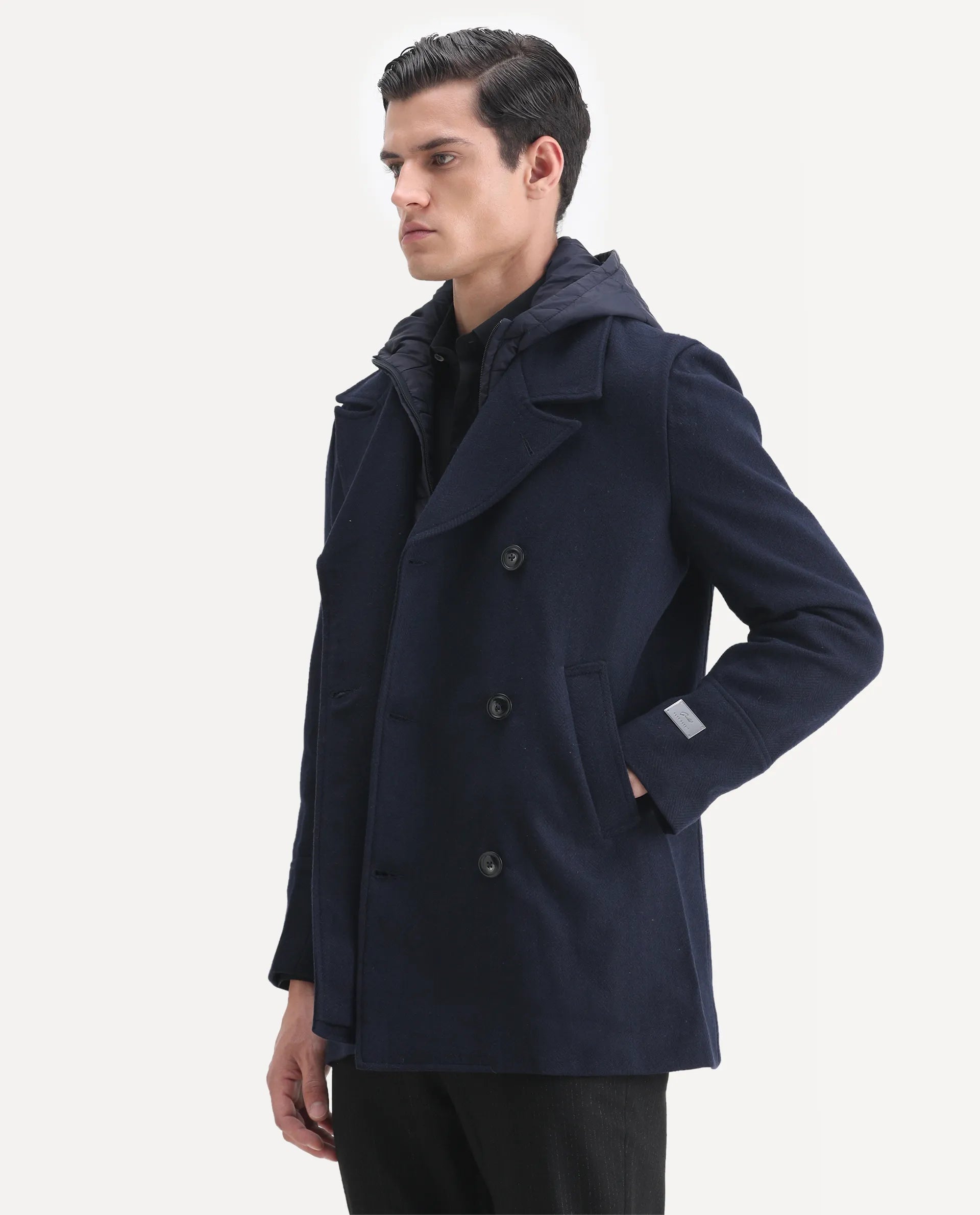 Rare Rabbit Men's Dubby Dark Navy Polyester Plain Tailored Fit Full Sleeve Hooded Jacket