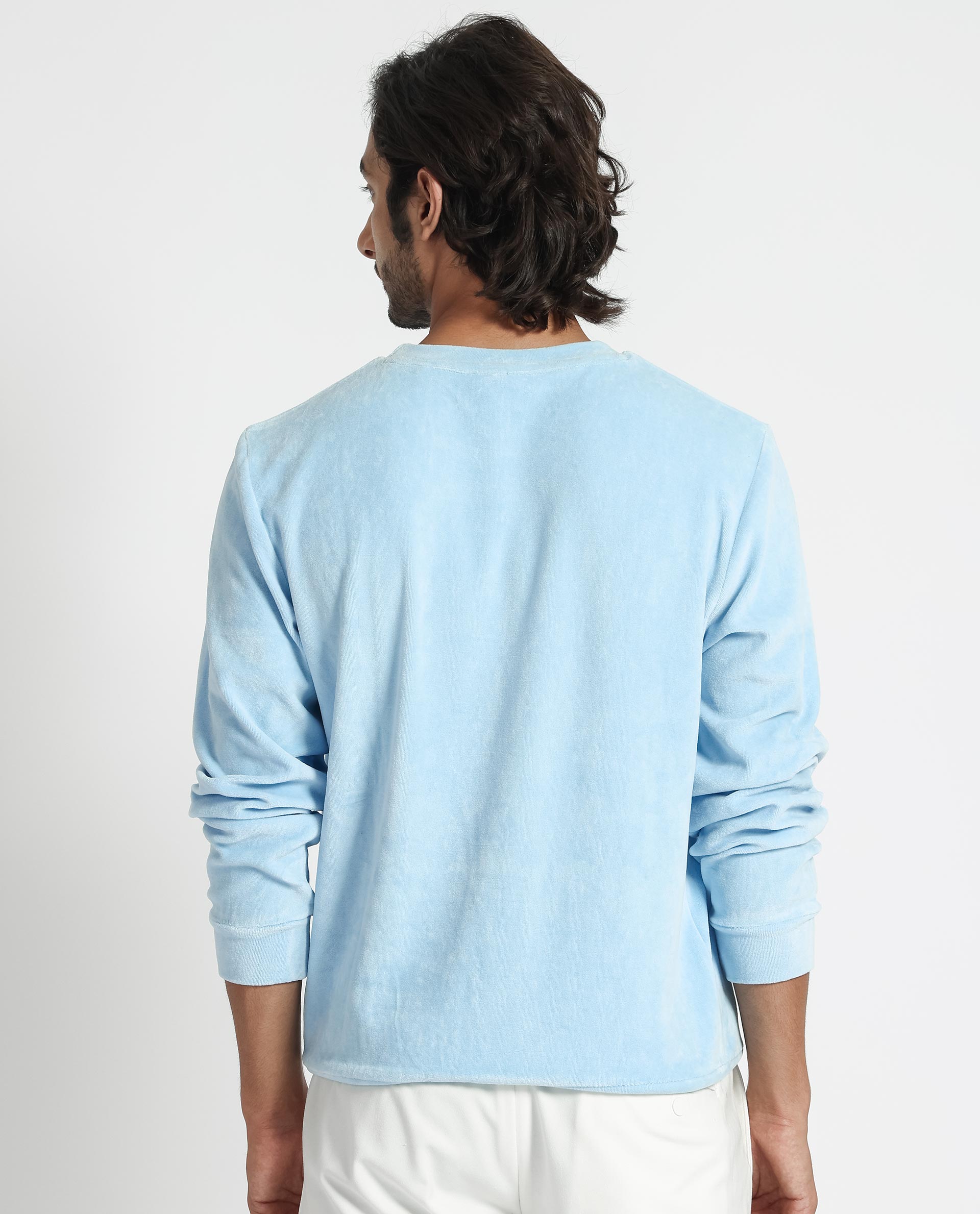Rare Rabbit Mens Dube Blue Cotton Polyester Vellore Velvet Fabric Round Neck Full Sleeves Comfortable Fit Knitted Sweatshirt
