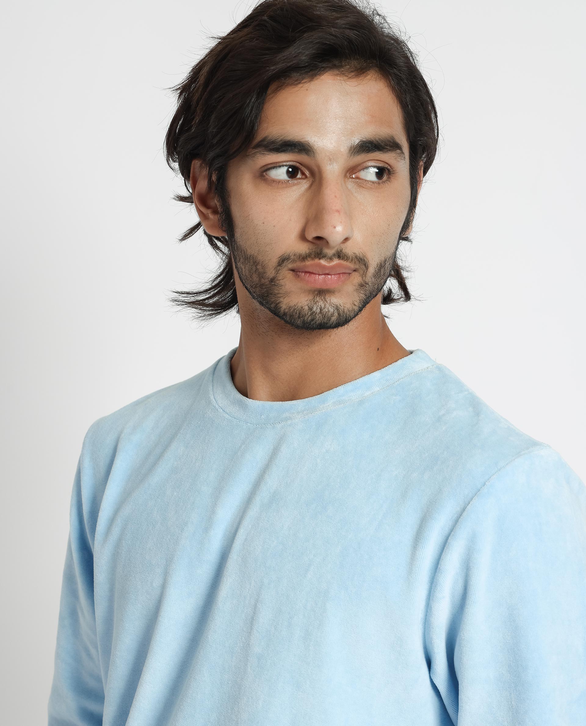 Rare Rabbit Mens Dube Blue Cotton Polyester Vellore Velvet Fabric Round Neck Full Sleeves Comfortable Fit Knitted Sweatshirt