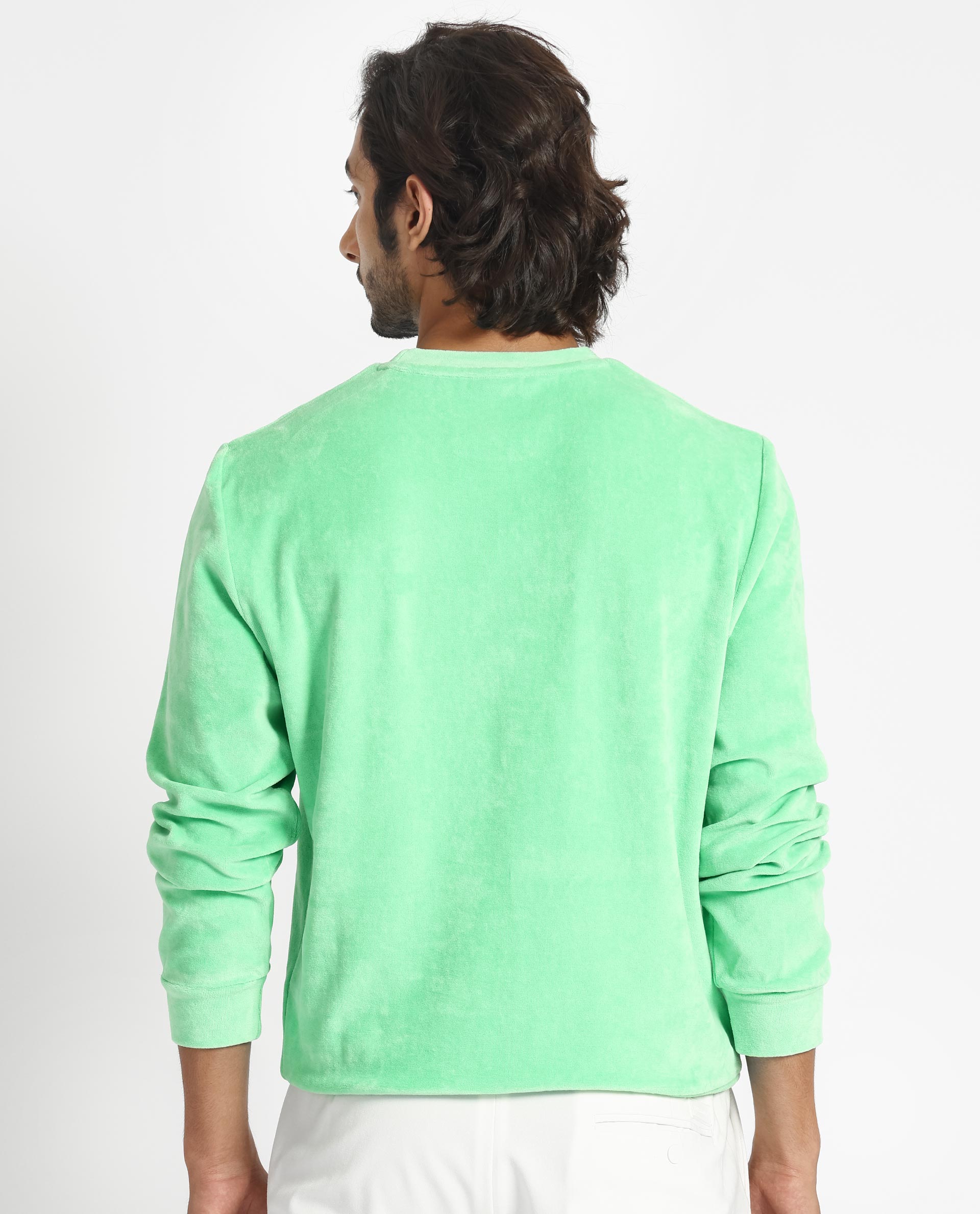 Rare Rabbit Mens Dube Green Cotton Polyester Vellore Velvet Fabric Round Neck Full Sleeves Comfortable Fit Knitted Sweatshirt