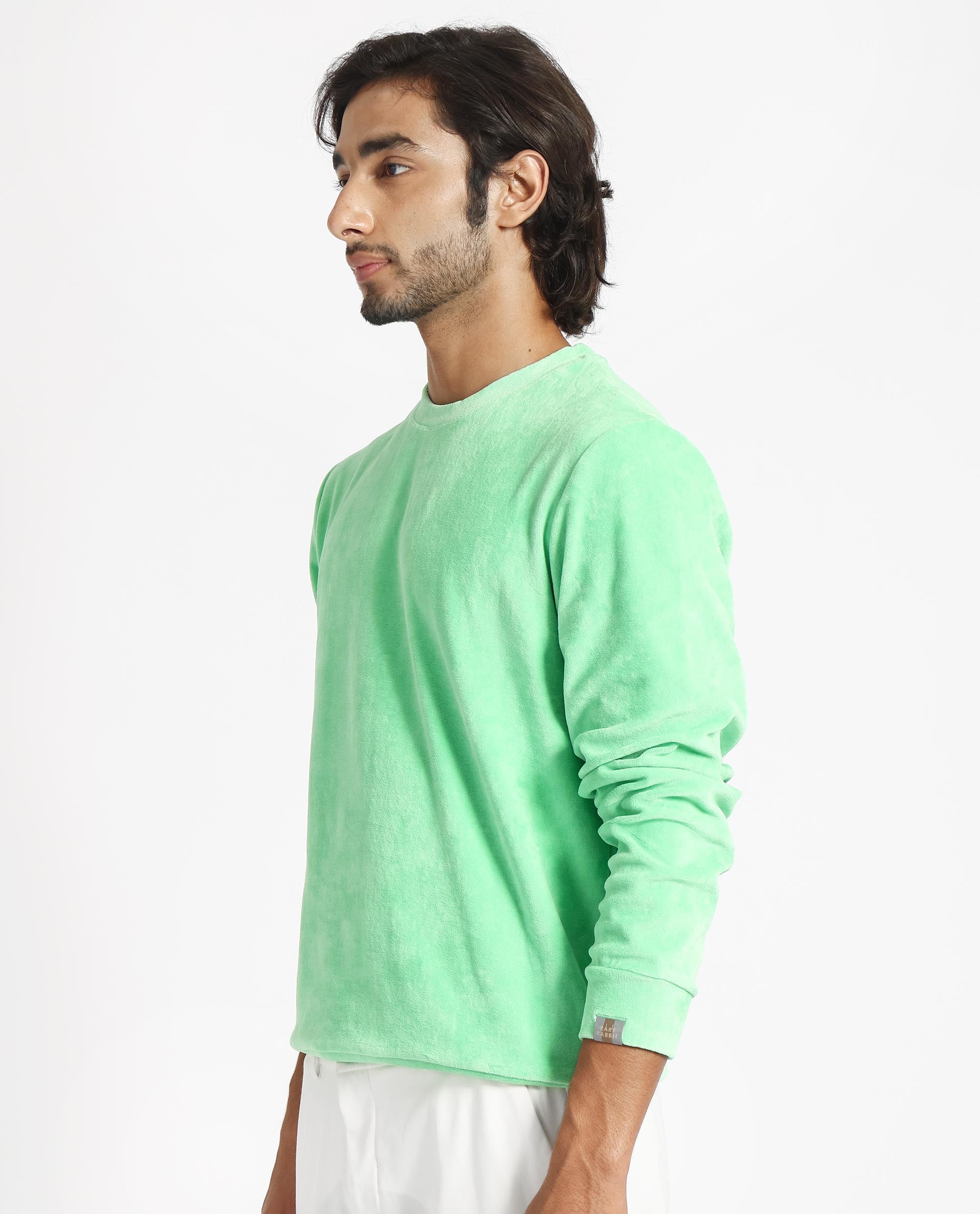 Rare Rabbit Mens Dube Green Cotton Polyester Vellore Velvet Fabric Round Neck Full Sleeves Comfortable Fit Knitted Sweatshirt